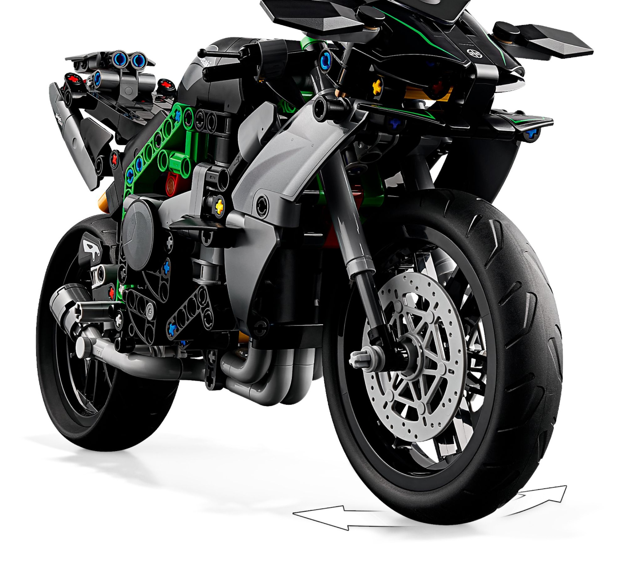 Szczegółowy motocykl Lego Technic w kolorze czarnym, szarym i zielonym na białym tle.