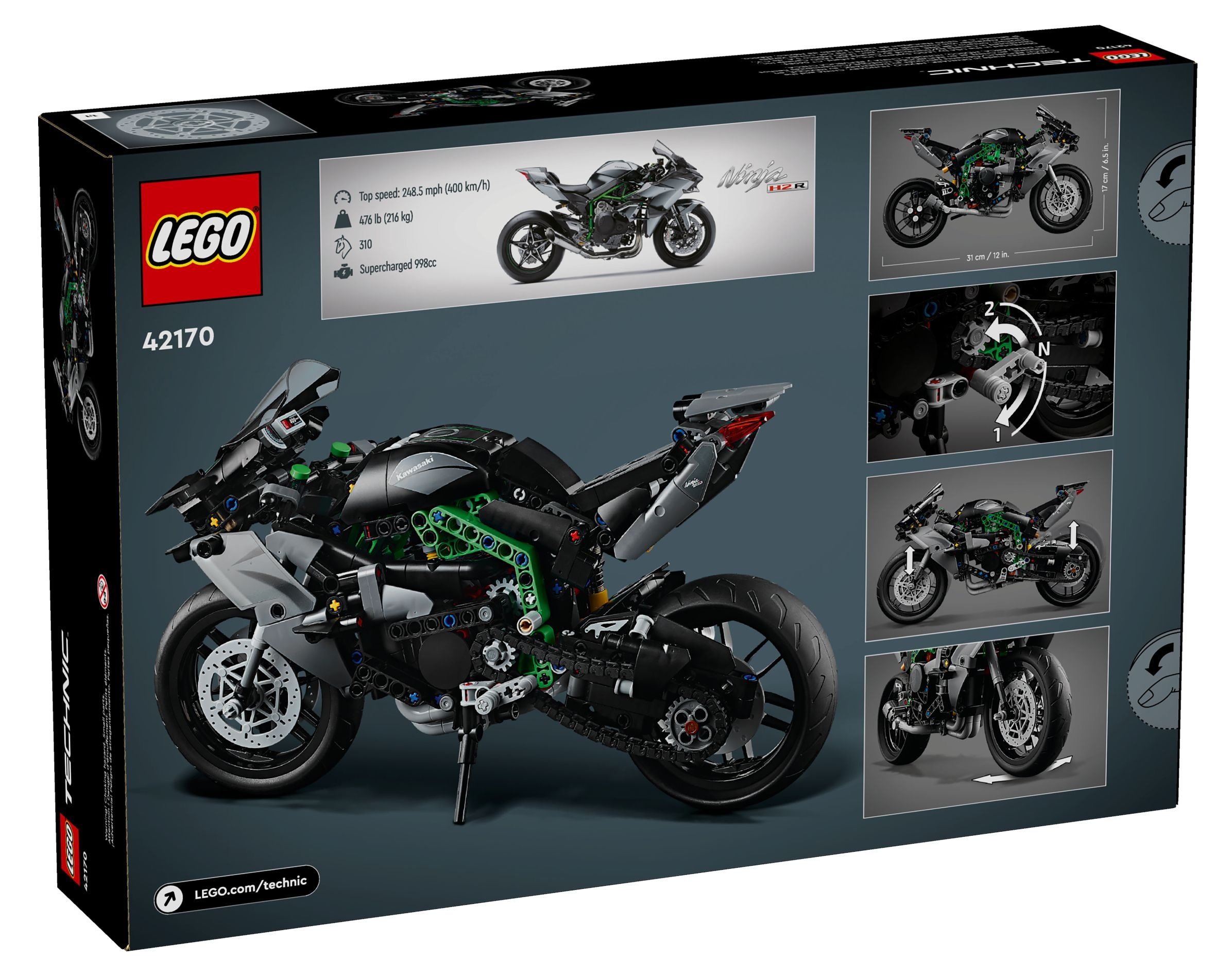 Tył pudełka LEGO Technic Kawasaki Ninja H2 R pokazujący detale.
