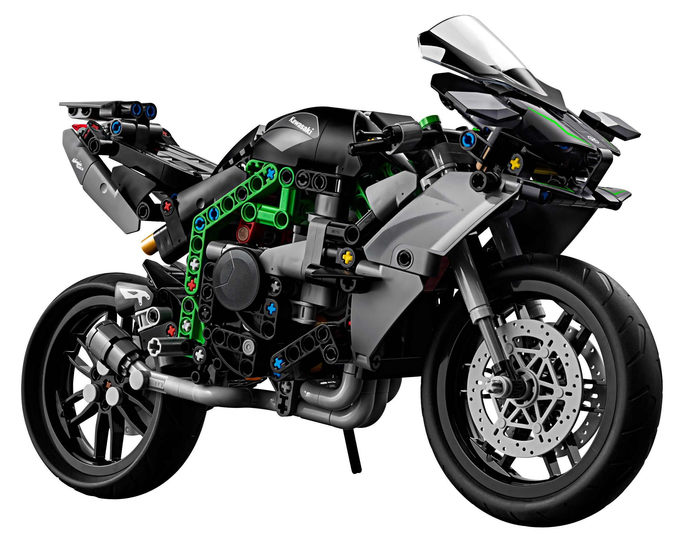 Szczegółowy czarno-zielono-szary model motocykla Kawasaki z klocków technic, na białym tle.