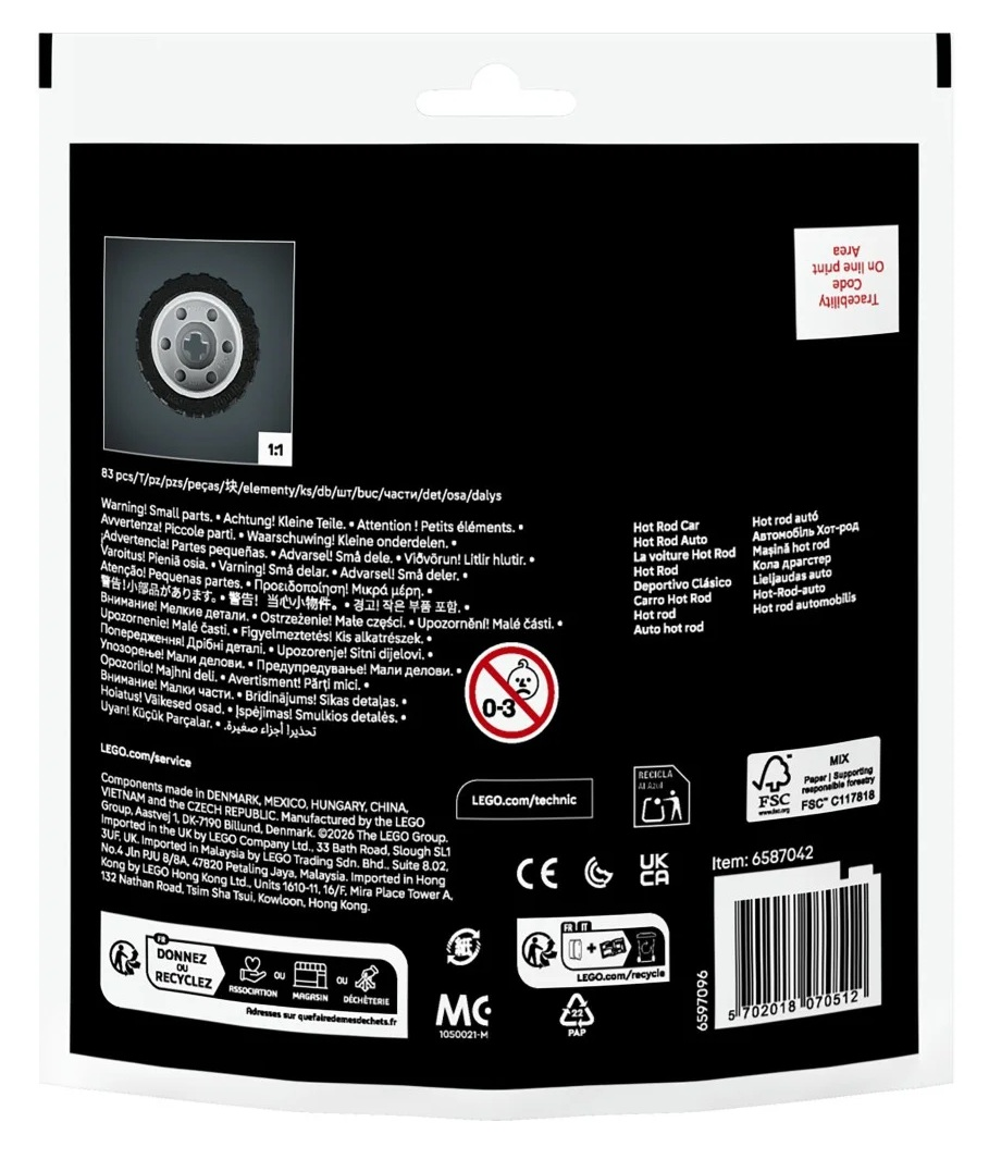 Tylna strona opakowania Lego Technic z ostrzeżeniami, kodem kreskowym i informacjami na czarnym tle.