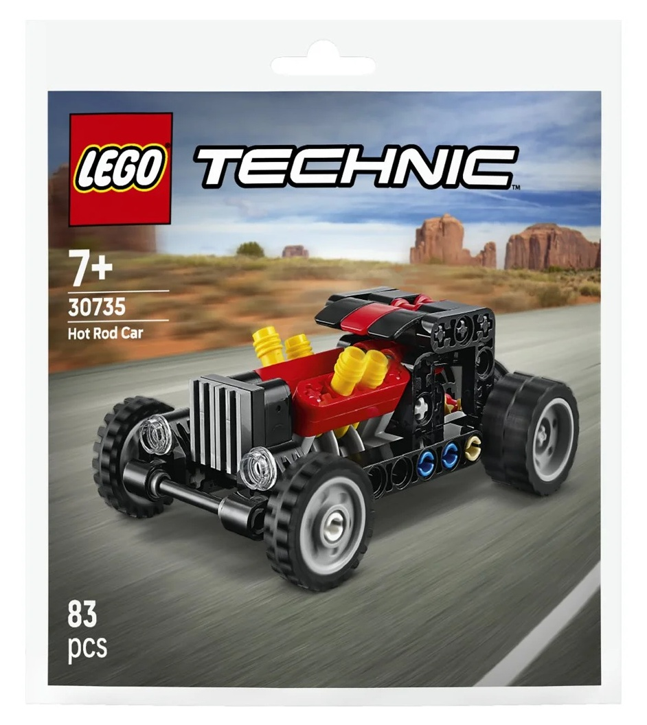 Woreczek Lego Technic Hot Rod Car z czerwono-czarnym modelem samochodu na pustynnej drodze.