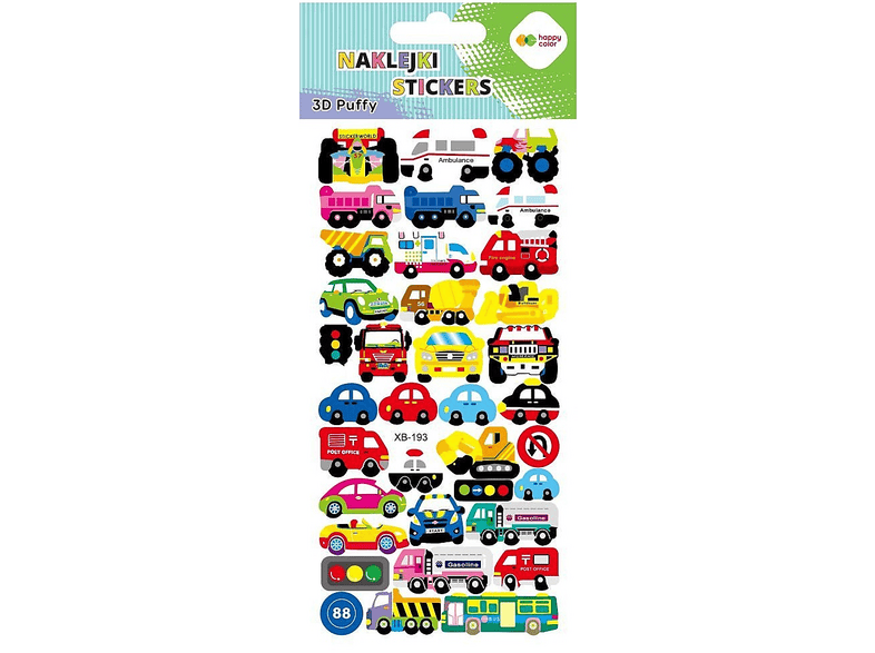 Naklejki HAPPY COLOR 3D Puffy Cars Vehicles, 9.5 cm x 22 Wielokolorowy