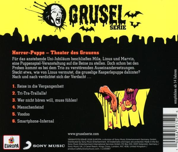 Rückseite der Grusel-Serie CD mit Text, Trackliste, einer scheinenden Puppe und dem Sony Music Logo.