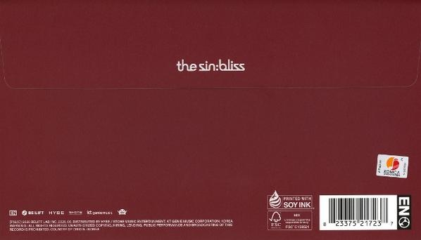 Rückseite einer dunkelroten Musikverpackung mit weißer Aufschrift "the sin:bliss", Barcode und Logos unten.