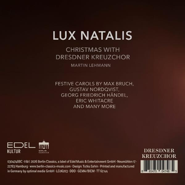 Rückseite des CD-Covers mit weißem Text LUX NATALIS und Details zu den Weihnachtsliedern des Dresdner Kreuzchors.