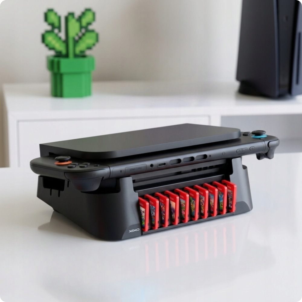 Czarna konsola Nintendo Switch w stacji dokującej z wieloma czerwonymi kartami na stole.
