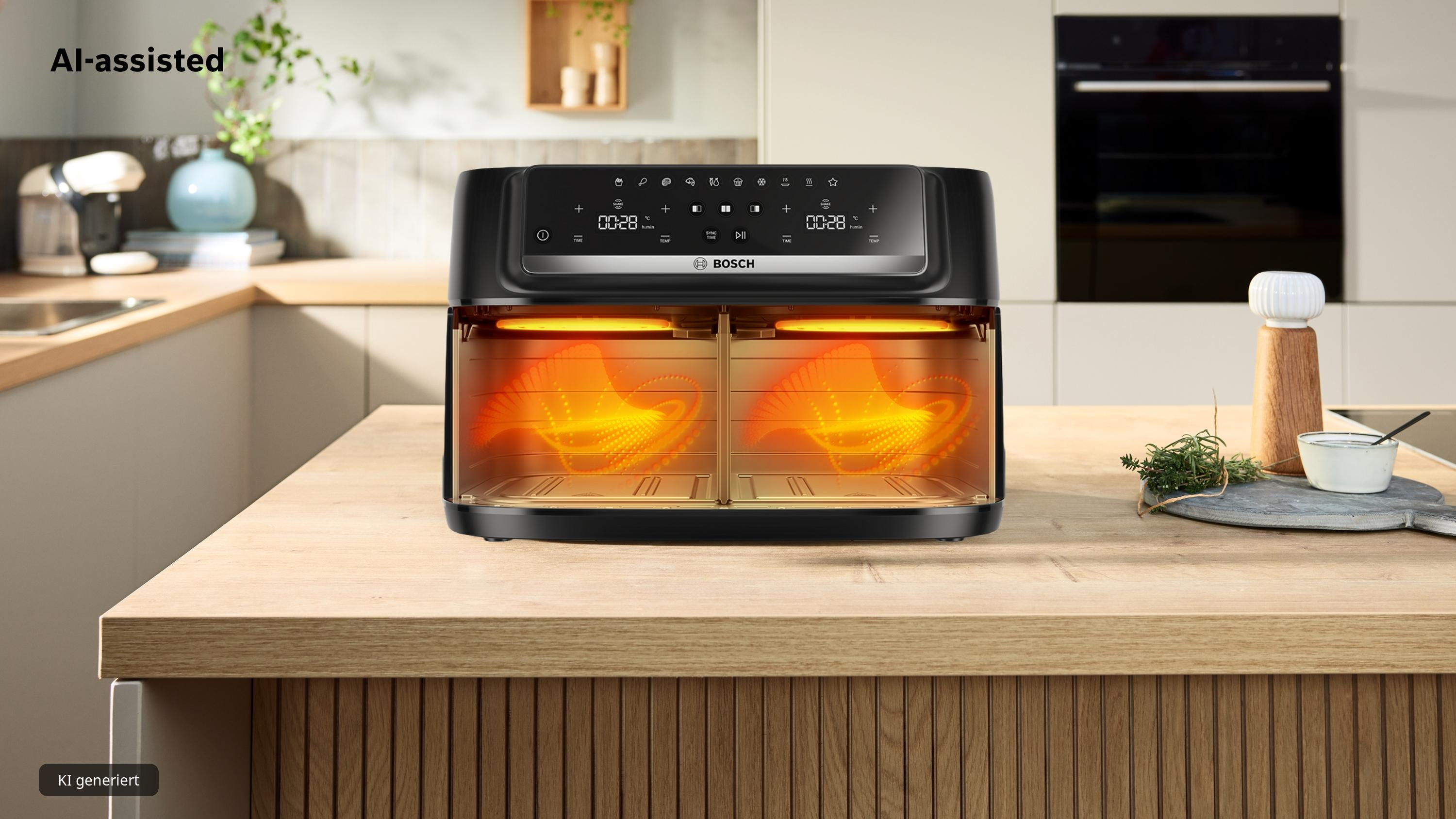 Eine schwarze Bosch Heißluftfritteuse steht auf einer Holzküchenarbeitsplatte und leuchtet innen warm.