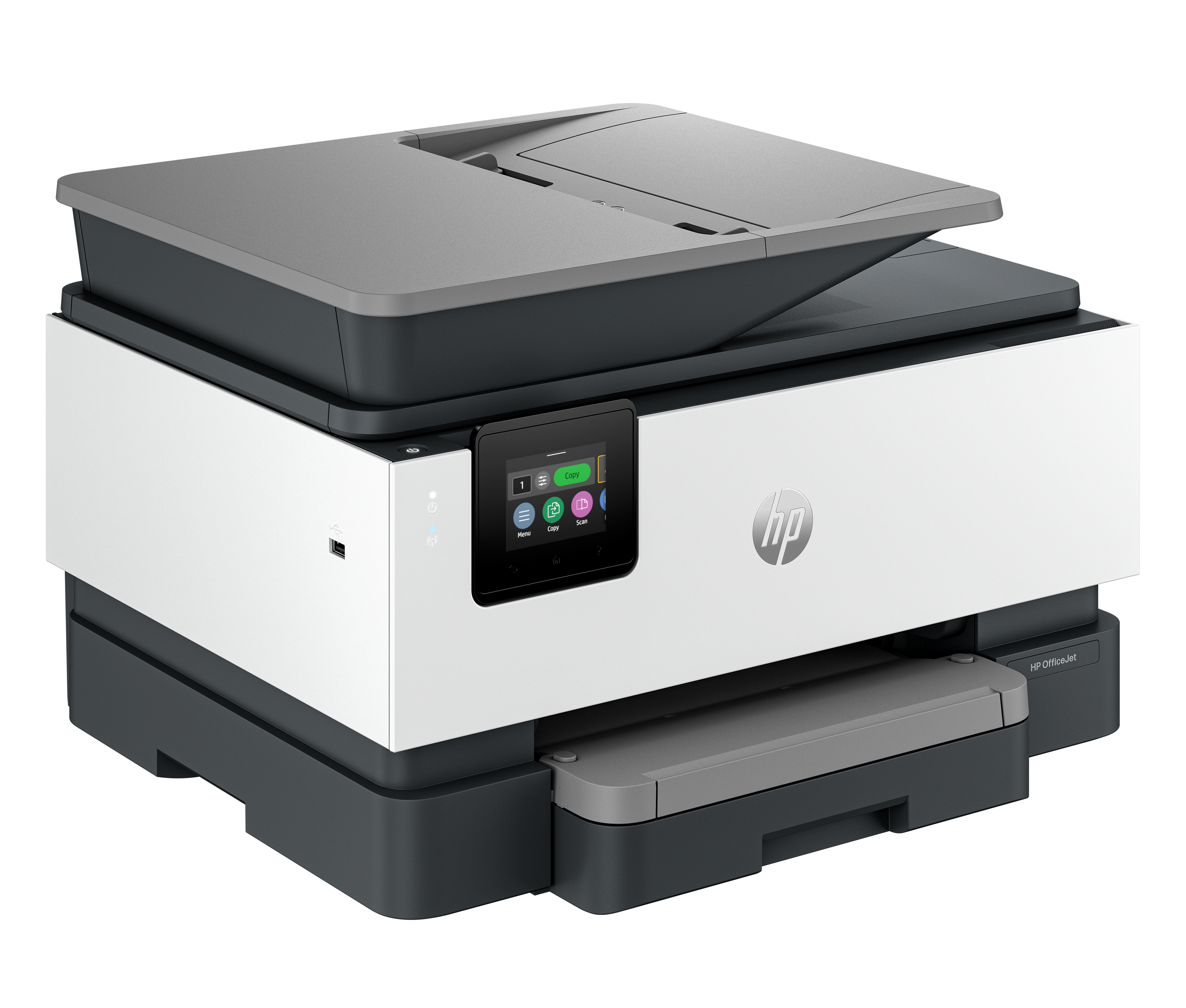 Moderner weiß-grauer HP All-in-One-Drucker vor schwarzem Hintergrund.