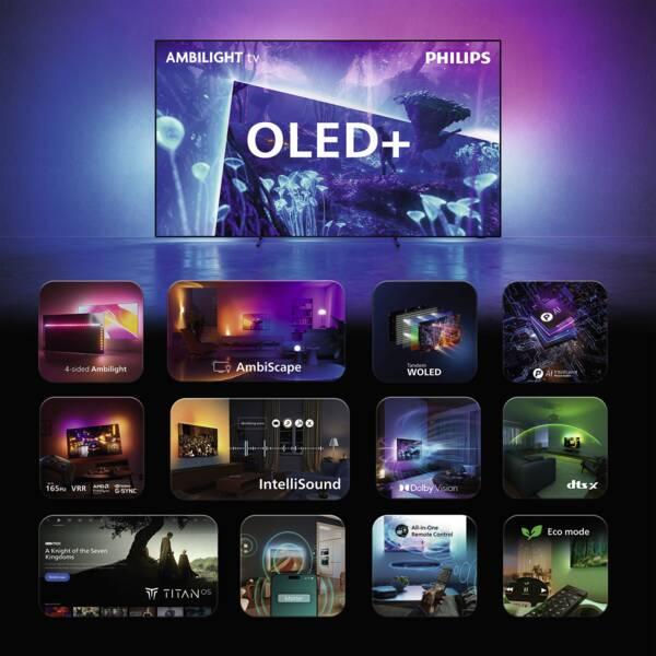 Philips OLED+ Fernseher mit Ambilight und elf Funktionsbildern auf blauem Hintergrund.
