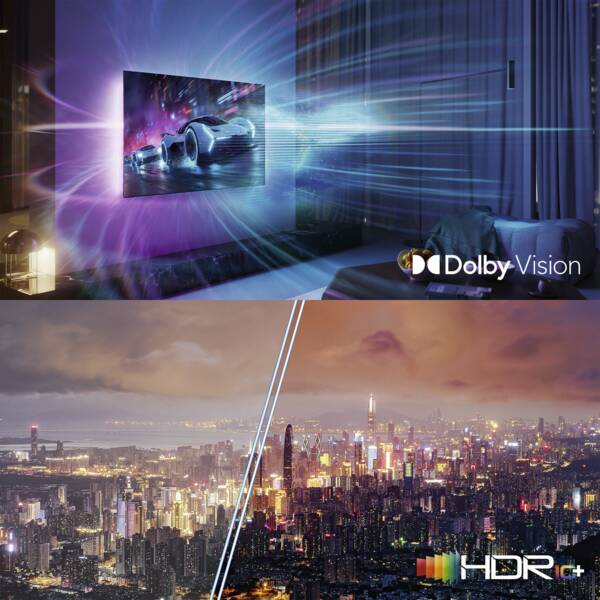Geteilter Bildschirm zeigt lebendige Dolby Vision Grafiken oben und eine detaillierte HDR10+ Stadtansicht unten.