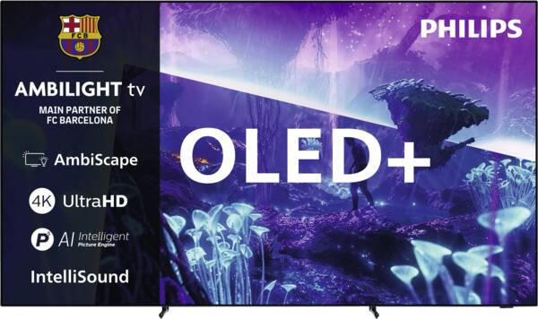 Philips OLED+ Fernseher mit Ambilight, FC Barcelona Logo und violettem Display.