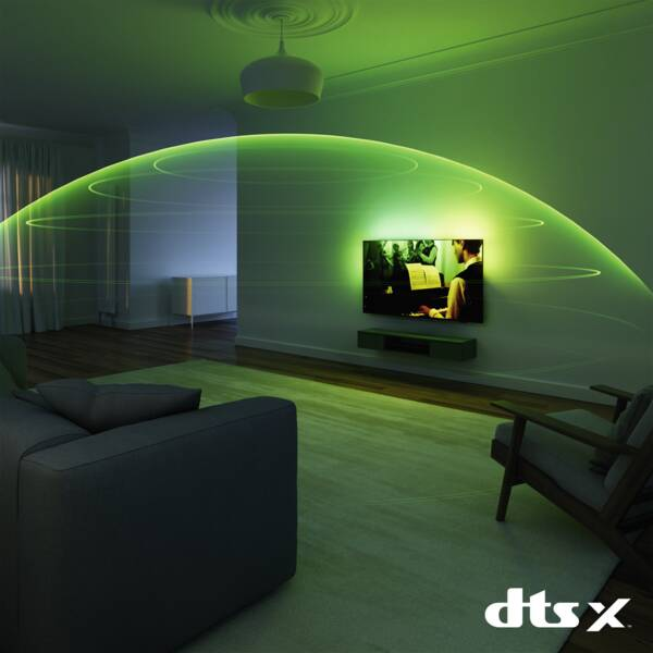 Wohnzimmer mit grüner Schallwellen-Grafik über Sofa, Sessel und wandmontiertem Fernseher.