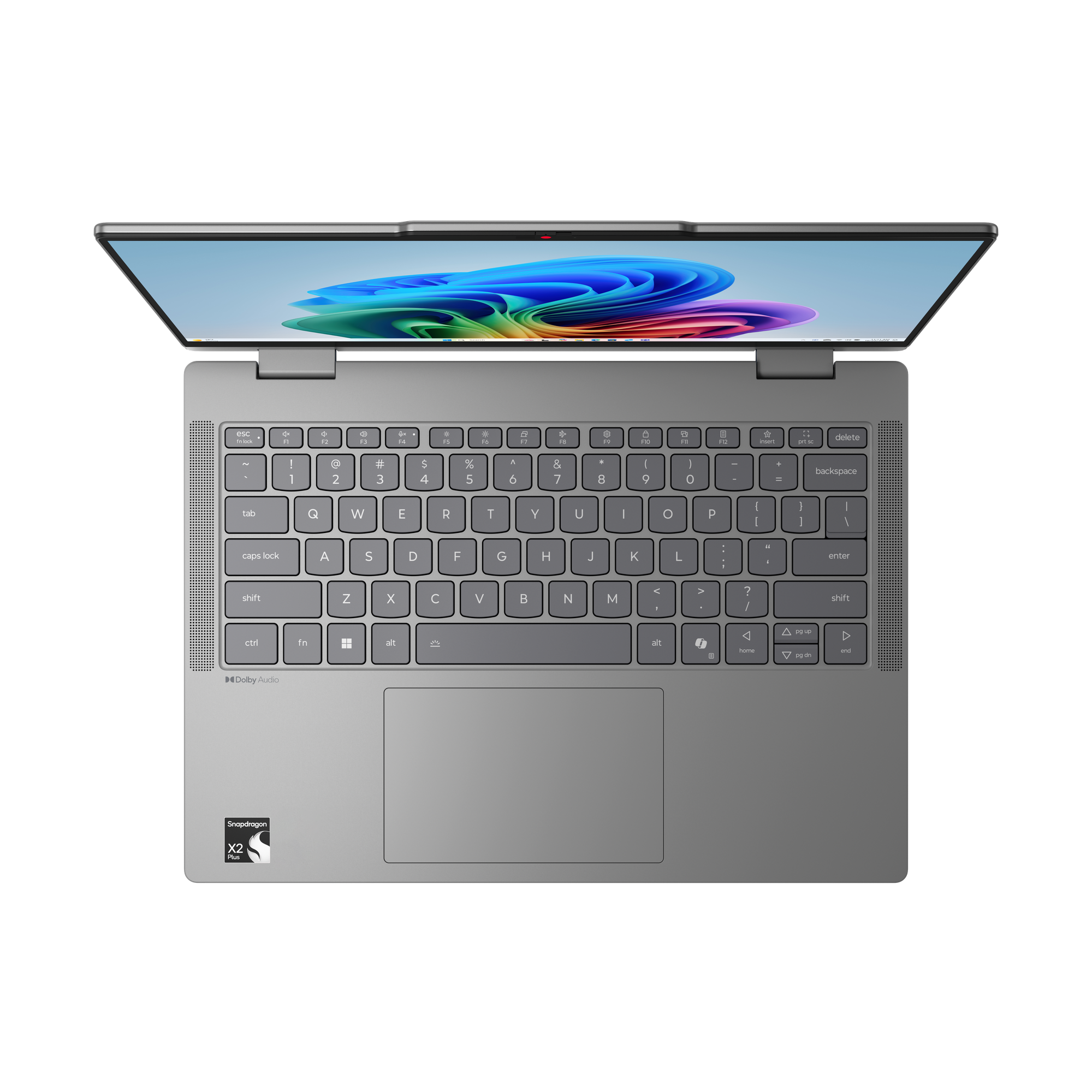 Top-Down-Ansicht eines offenen, grauen Laptops mit beleuchtetem Display vor schwarzem Hintergrund.