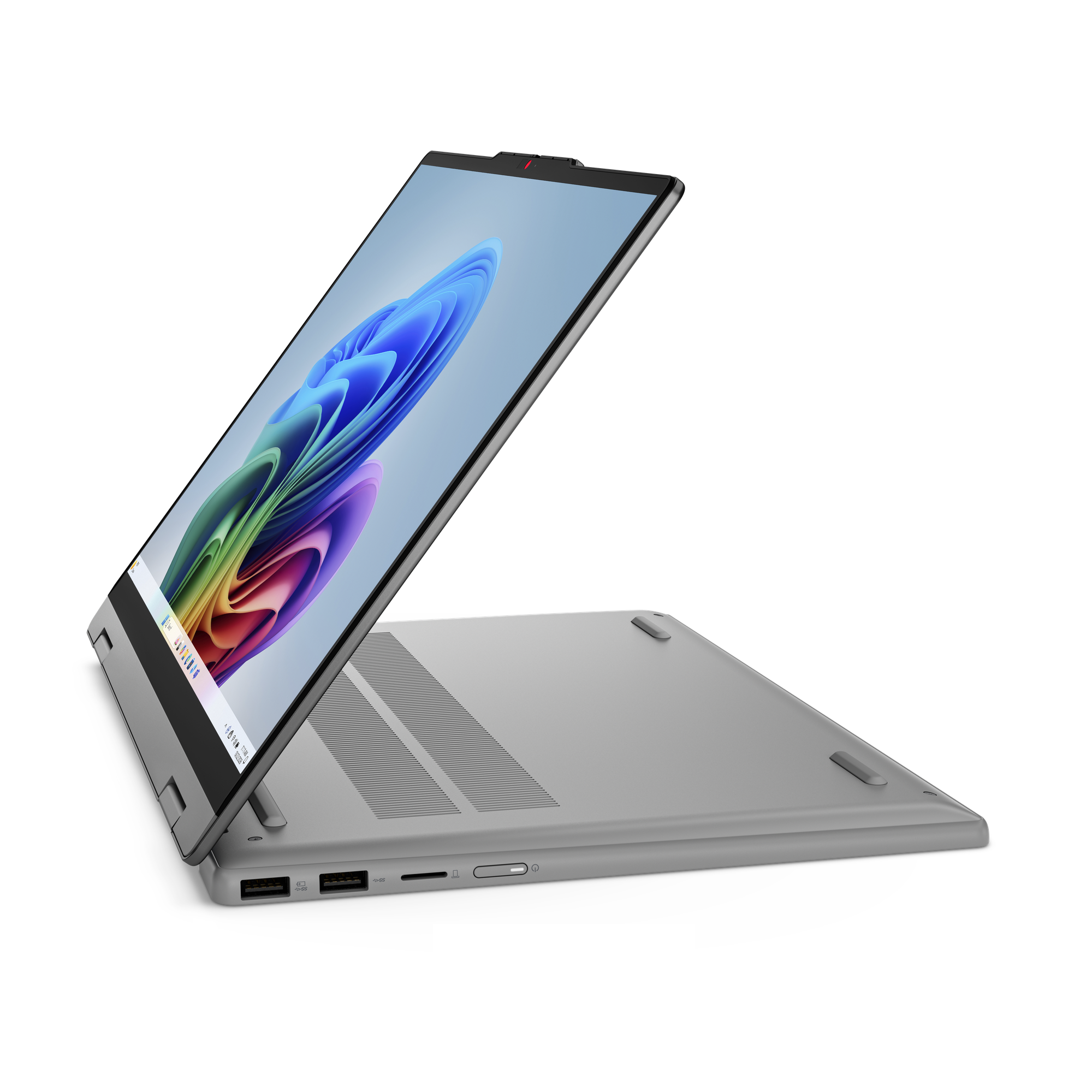 Ein silberner Laptop im Zeltmodus vor schwarzem Hintergrund zeigt ein farbenfrohes Hintergrundbild.