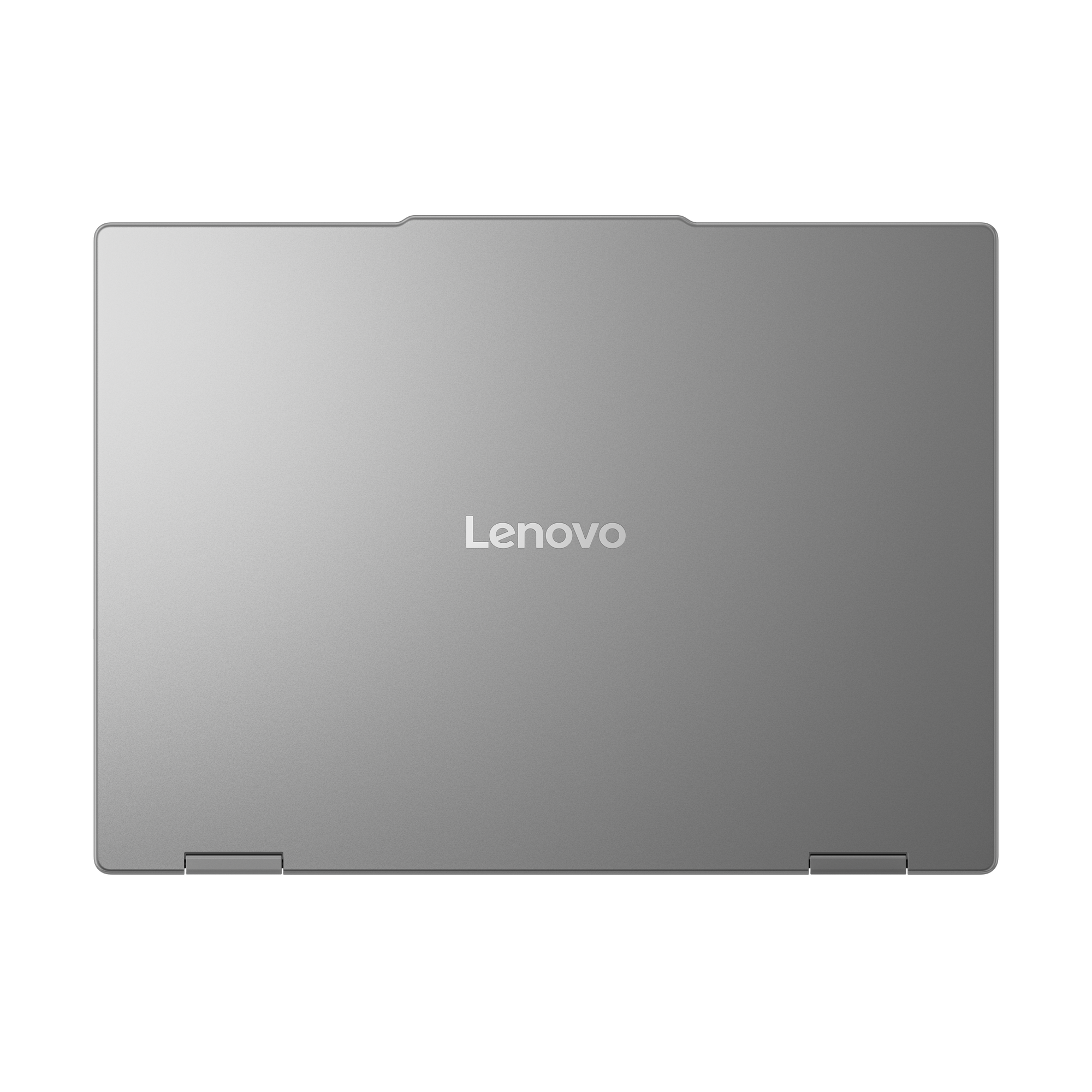 Geschlossener silbergrauer Lenovo Laptop mit mittigem Logo vor schwarzem Hintergrund.