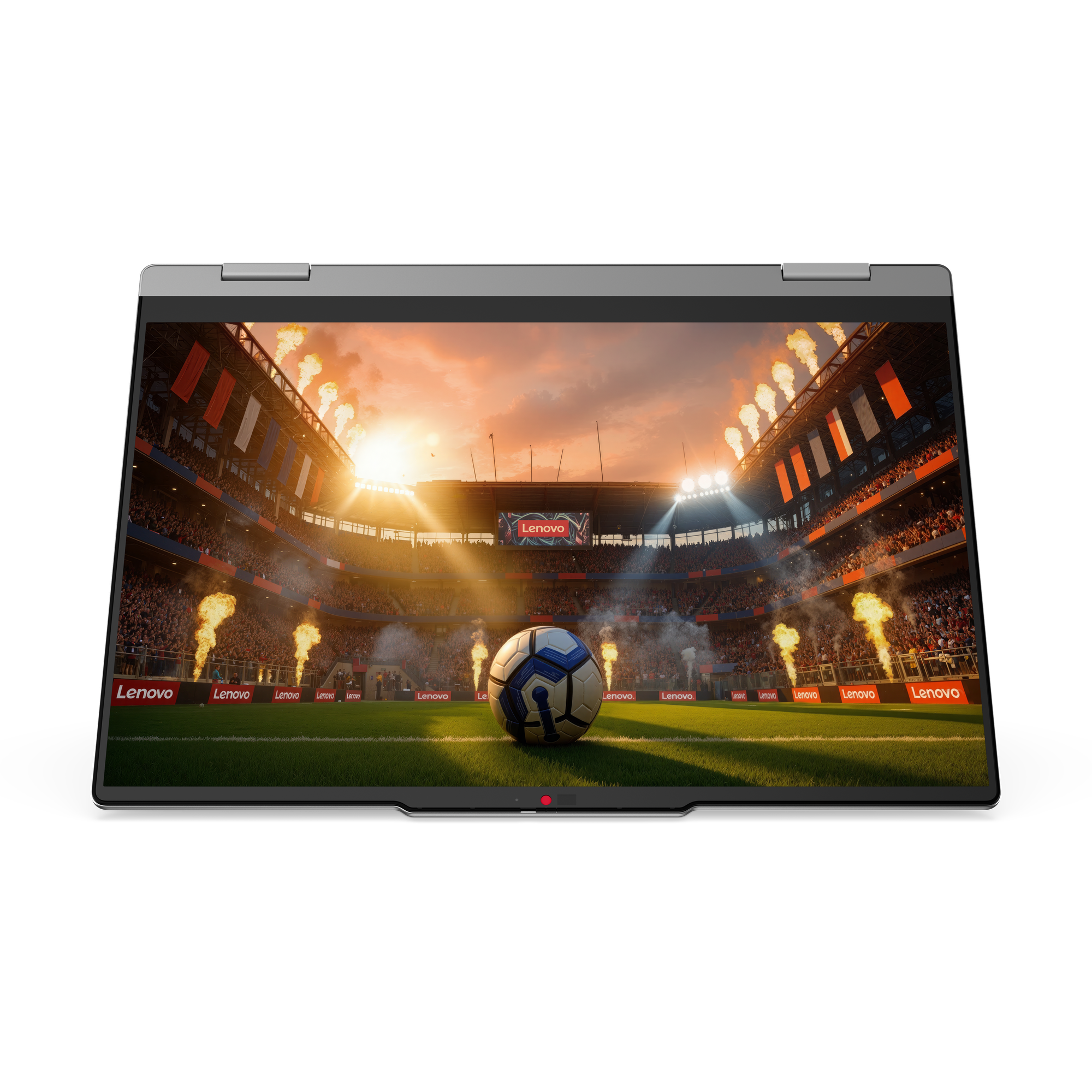 Ein Laptop zeigt ein leuchtendes Fussballstadion mit einem Ball auf dem Feld und Feuerwerk.