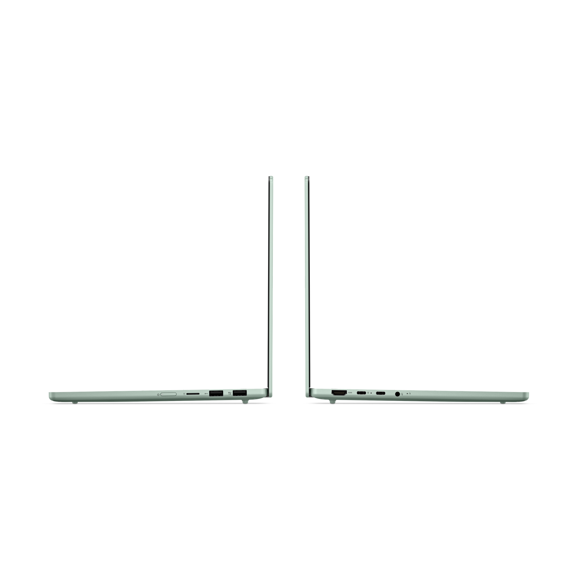 Seitenansicht eines hellgrünen Laptops mit sichtbaren Anschlüssen, isoliert auf schwarzem Hintergrund.