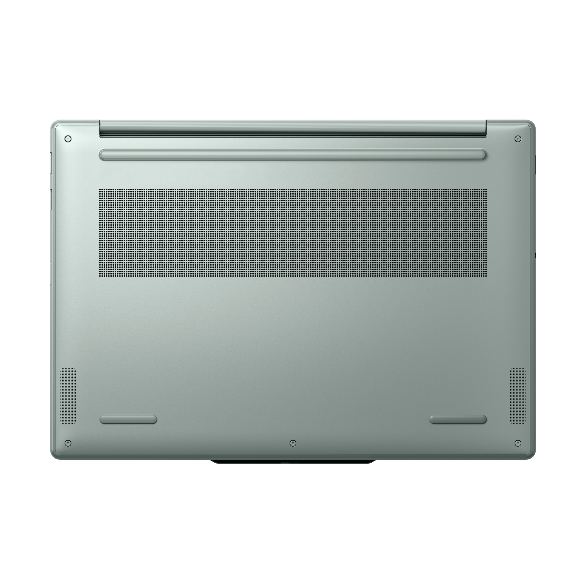 Unterseite eines silbernen Laptops mit Lüftungsgitter und Gummifüßen auf schwarzem Hintergrund.