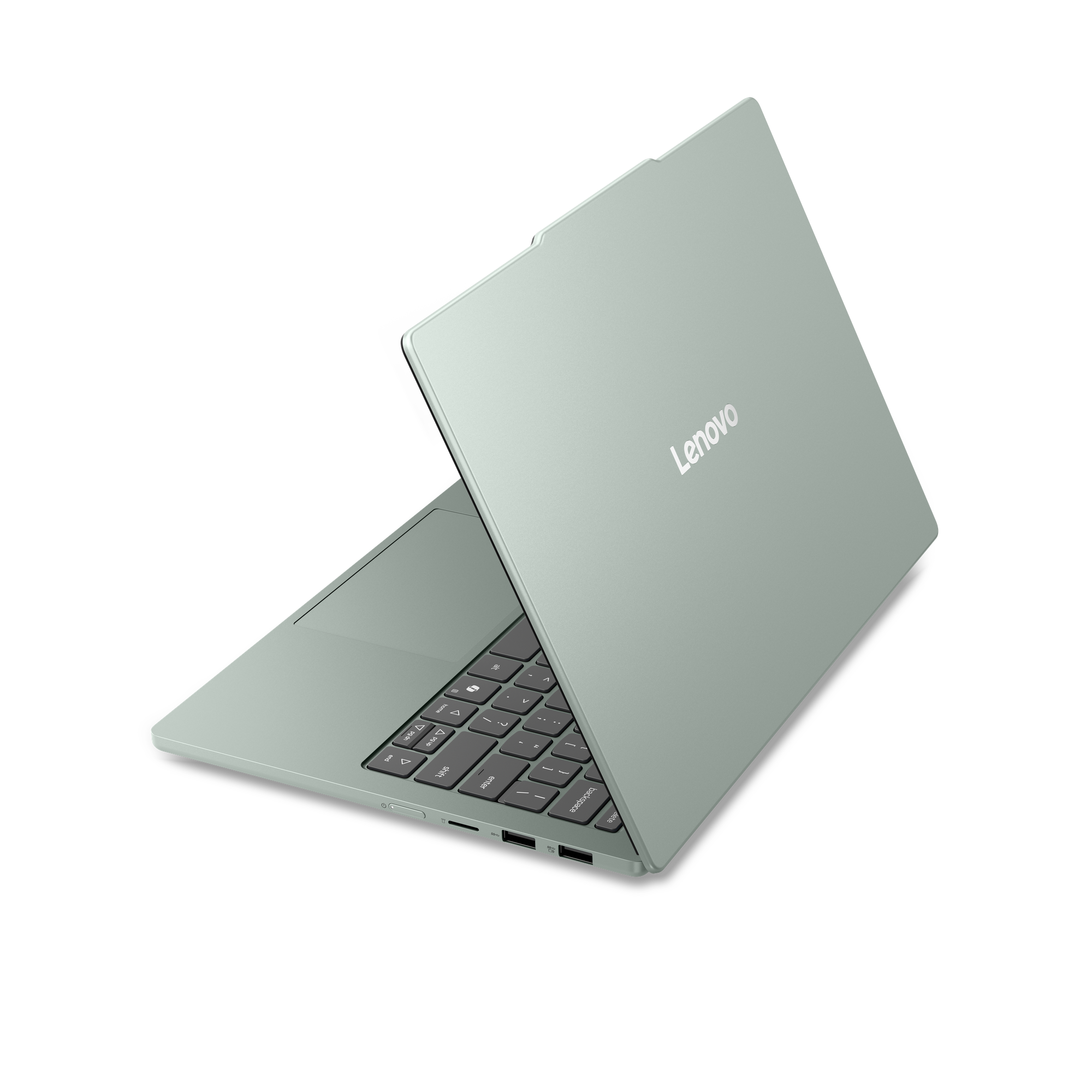 Ein hellgrüner Lenovo-Laptop von hinten und der Seite, auf schwarzem Hintergrund.