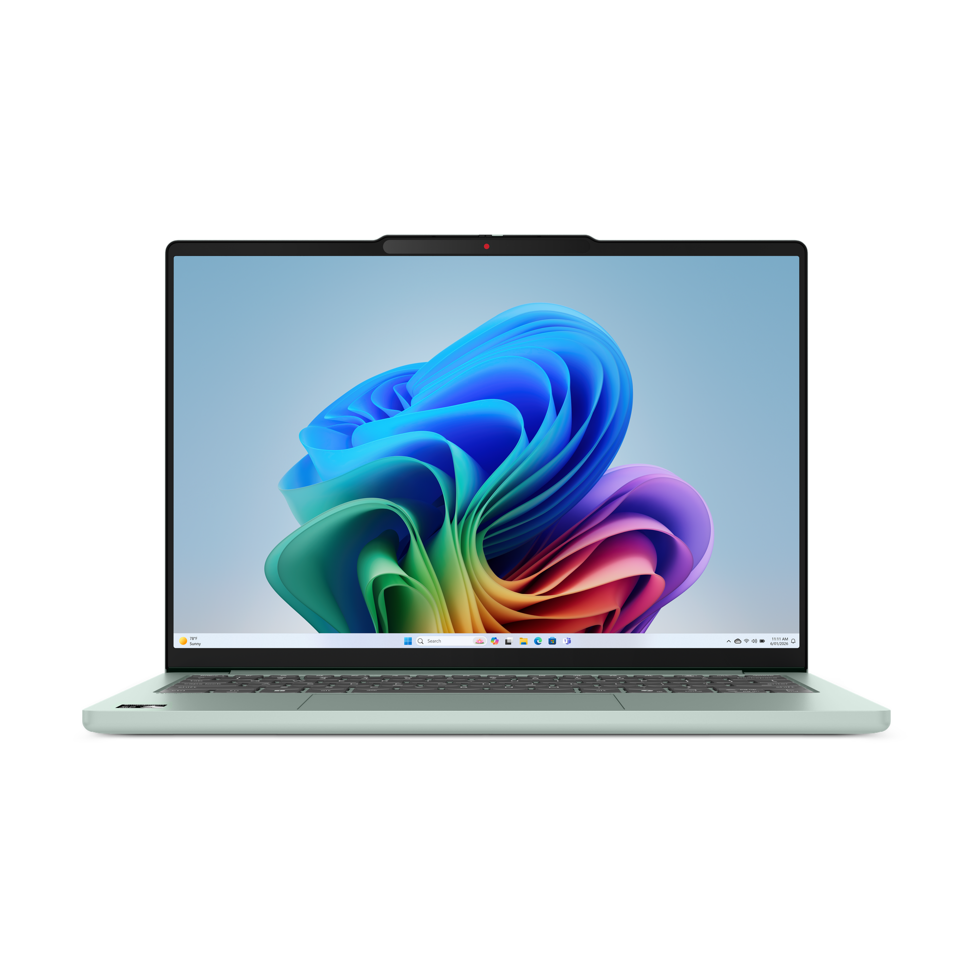 Ein graugrünes Laptop mit einem farbenfrohen, abstrakten Wellenmuster auf dem Windows-Desktop gegen einen schwarzen Hintergrund.