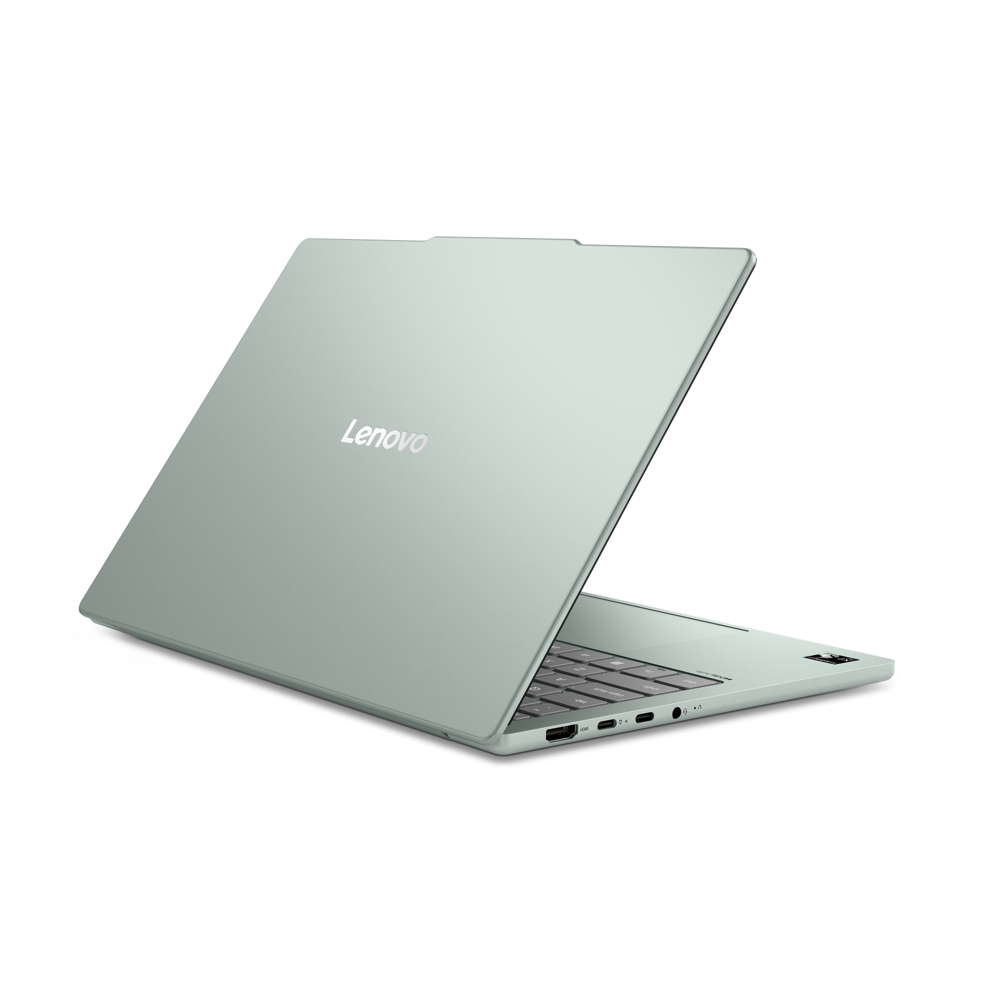 Ein hellgrüner Lenovo-Laptop von hinten vor schwarzem Hintergrund.
