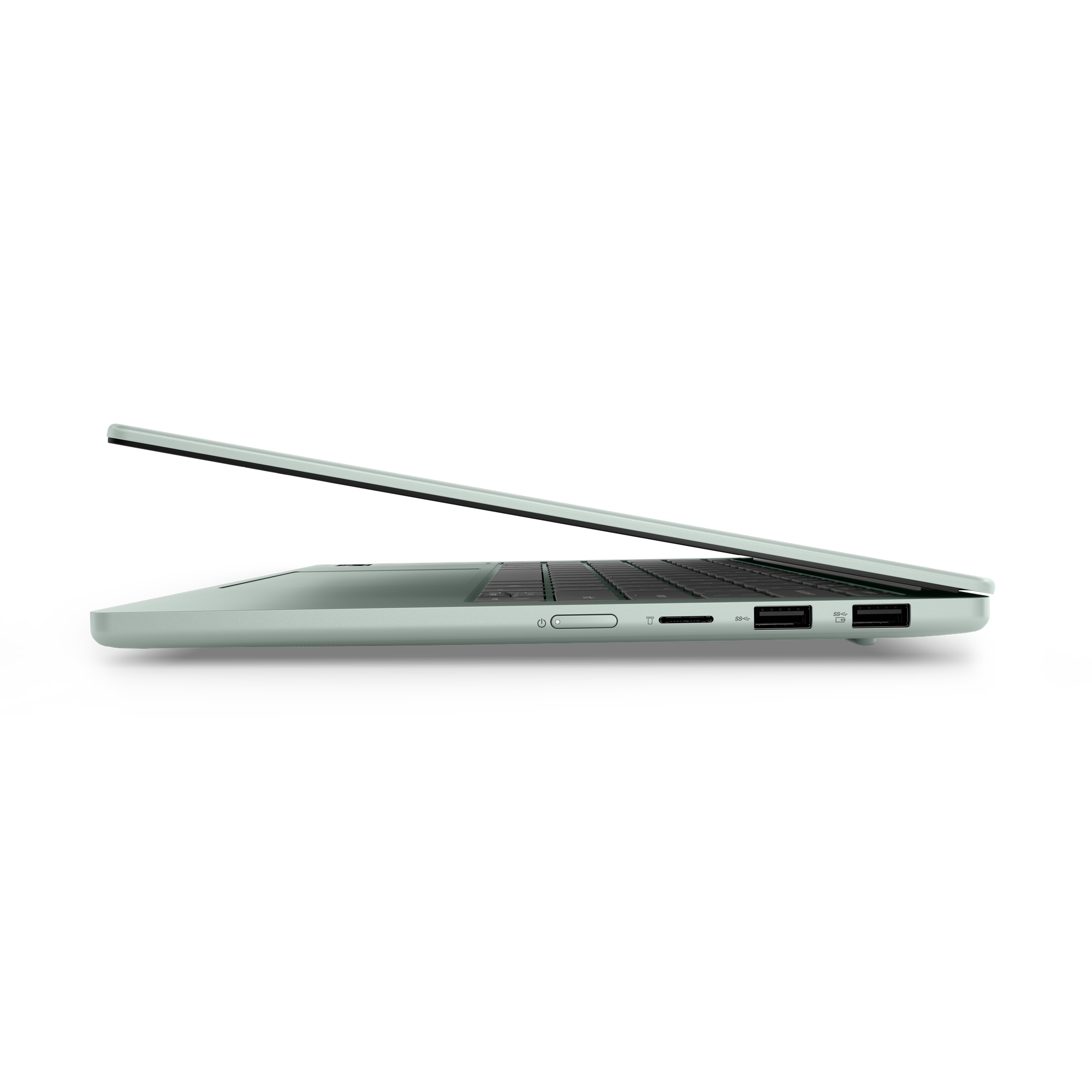 Seitenansicht eines hellgrünen Laptops mit sichtbaren Anschlüssen, Einschalttaste und geöffnetem Deckel vor schwarzem Hintergrund.