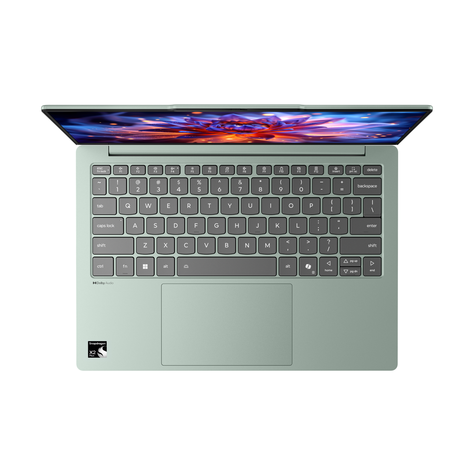 Top-down-Ansicht eines grünen Laptops mit beleuchtetem Bildschirm und QWERTY-Tastatur auf schwarzem Hintergrund.