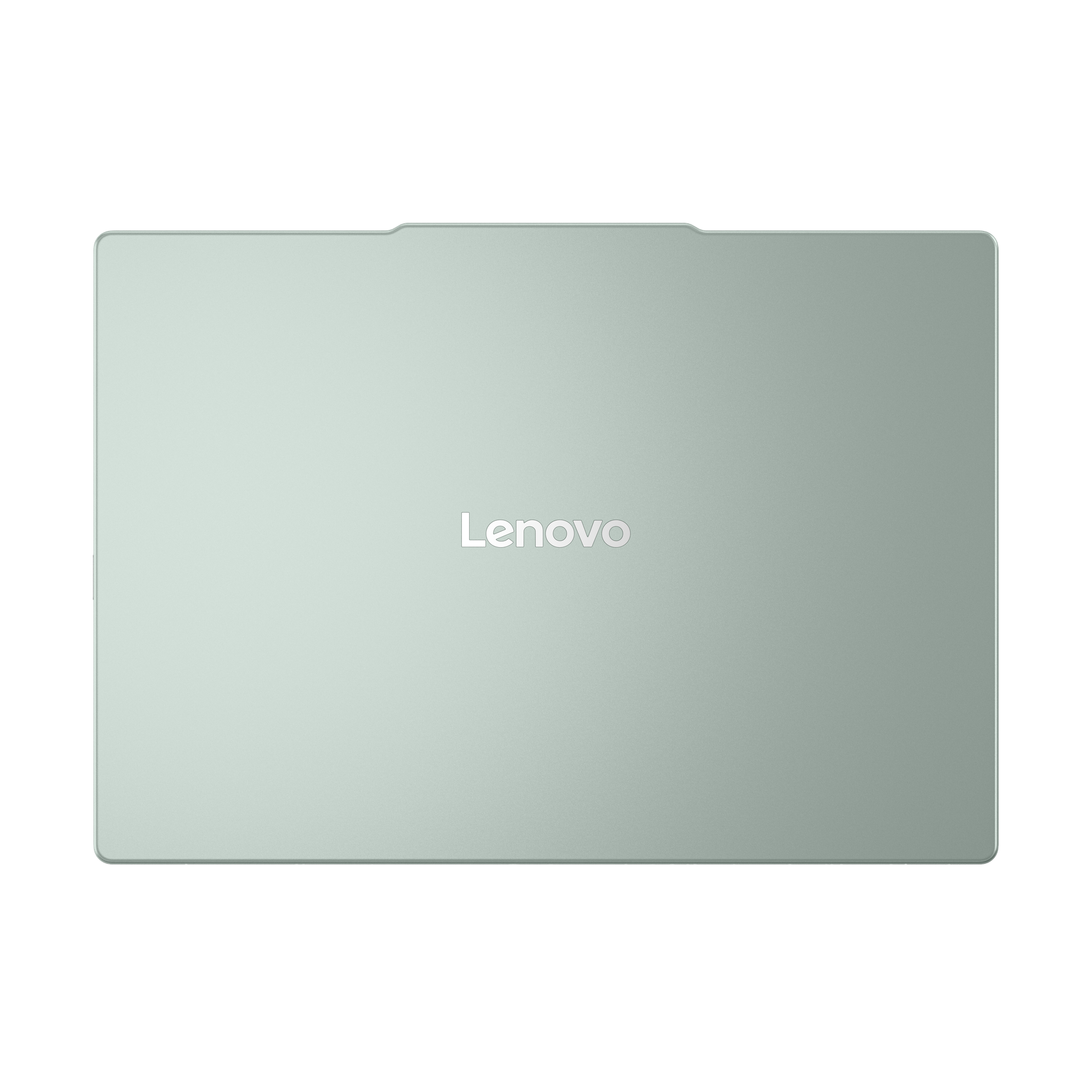 Ansicht von oben auf einen geschlossenen hellgrünen Lenovo-Laptop vor schwarzem Hintergrund.