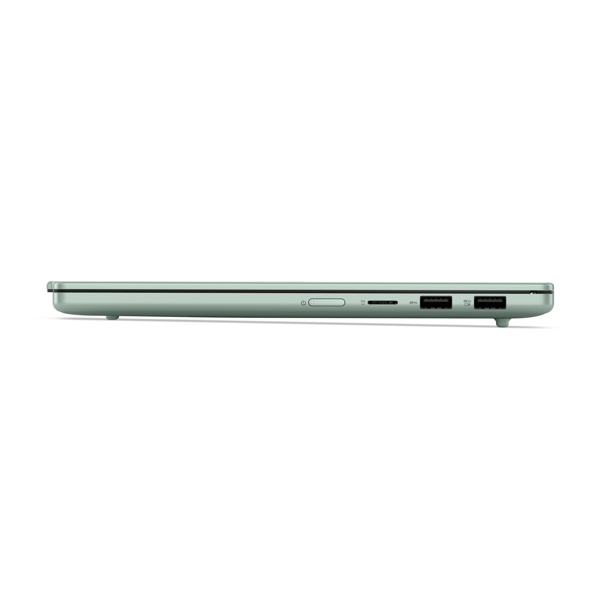 Seitenansicht eines grünen Laptops mit Ein/Aus-Schalter, Anschlüssen und USB-Slots vor schwarzem Hintergrund.