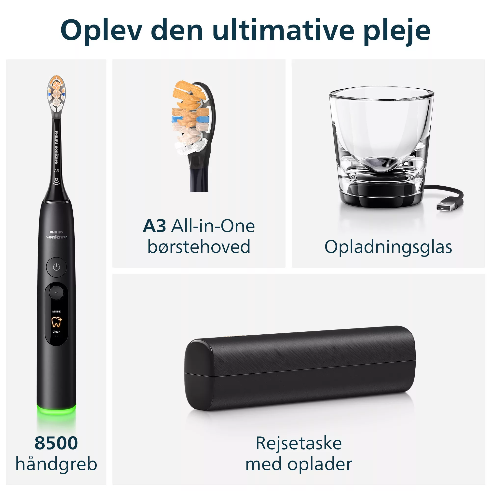 Philips Sonicare 8500 fogkefe A3 fejjel, töltőpohárral és utazótokkal.