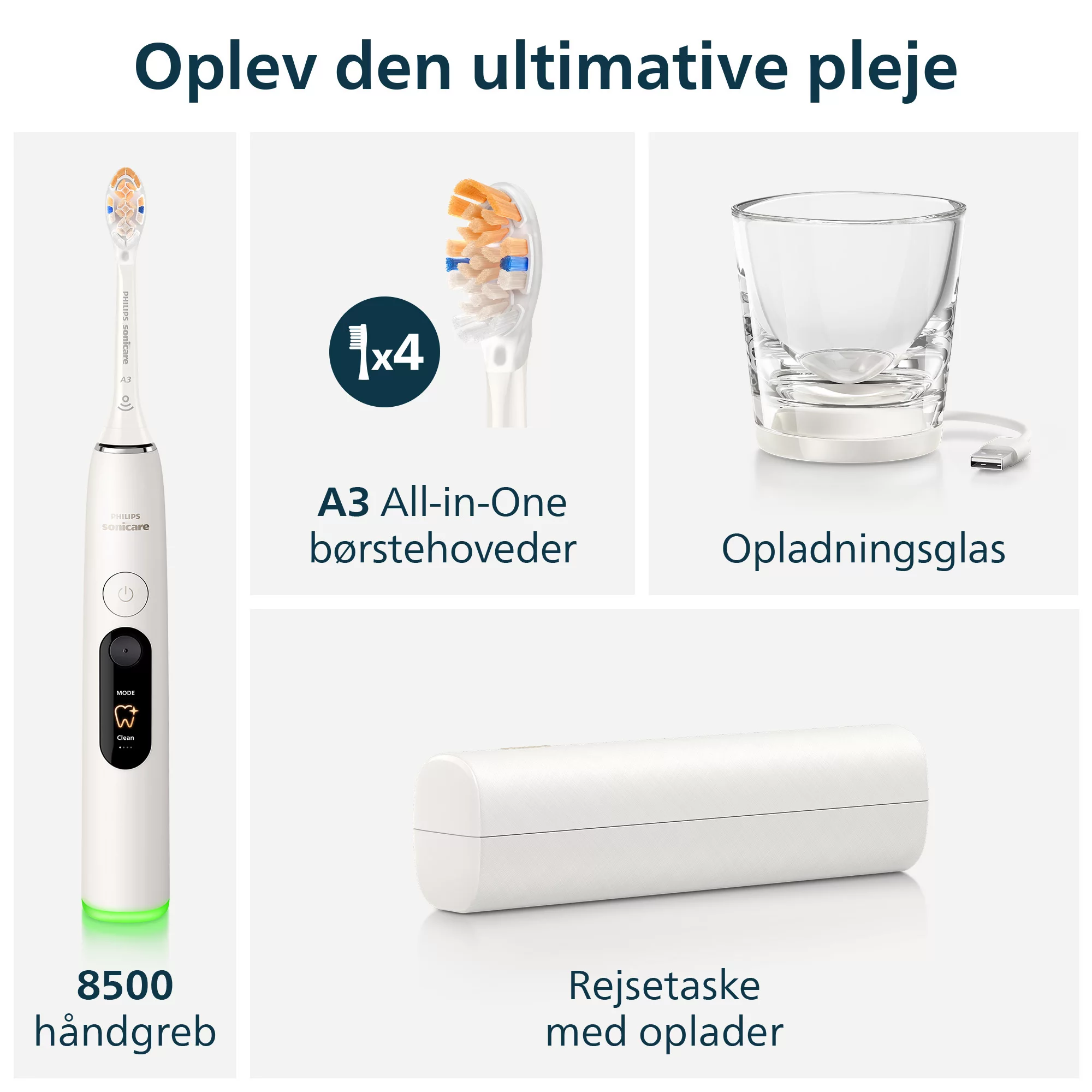 Philips Sonicare 8500 fogkefe A3 fejjel, töltőpohárral és utazótokkal.
