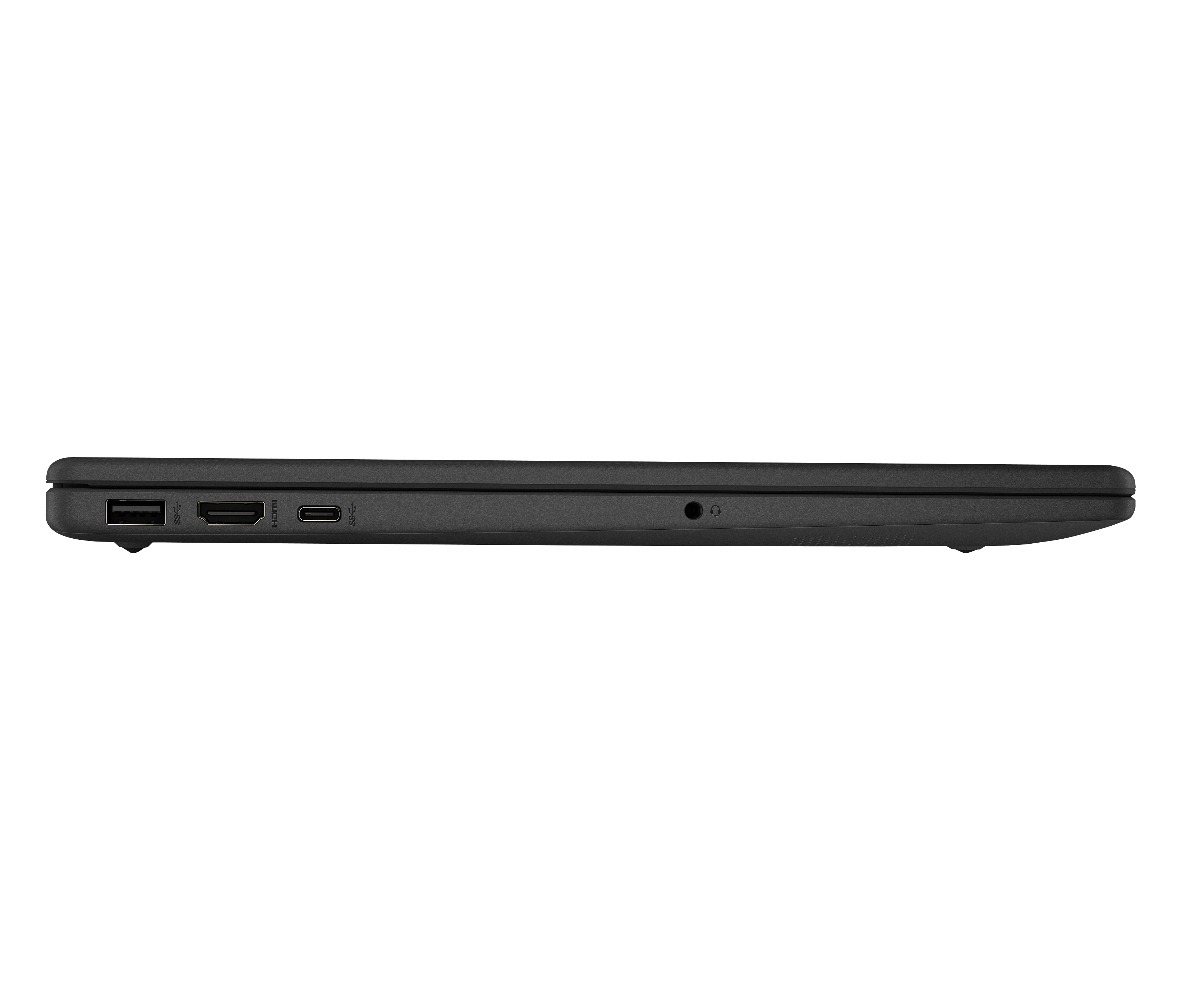 Lewa strona czarnego laptopa z portami USB, HDMI, Type-C i audio na czarnym tle.