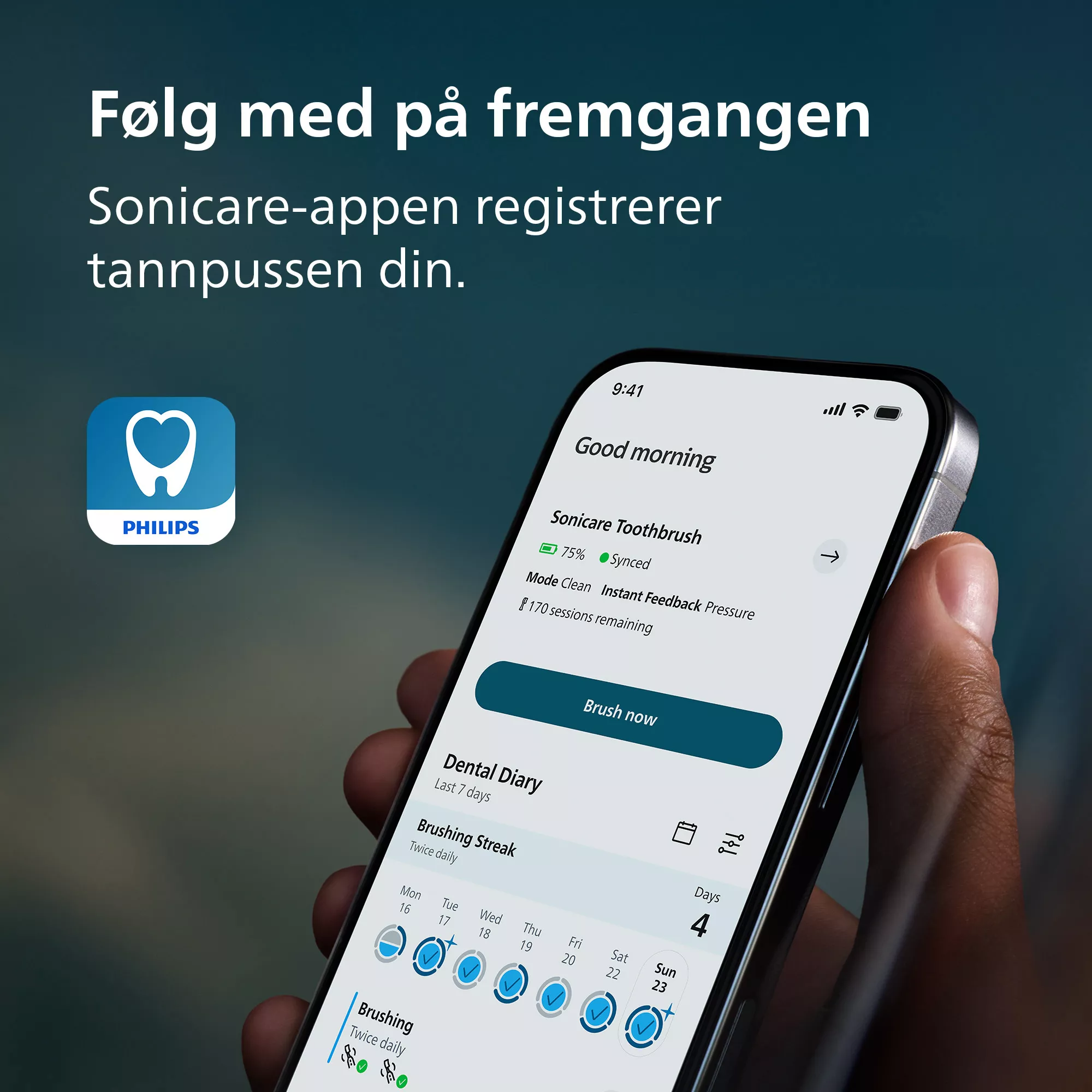 Kéz tart egy okostelefont a Sonicare fogmosáskövető alkalmazással.