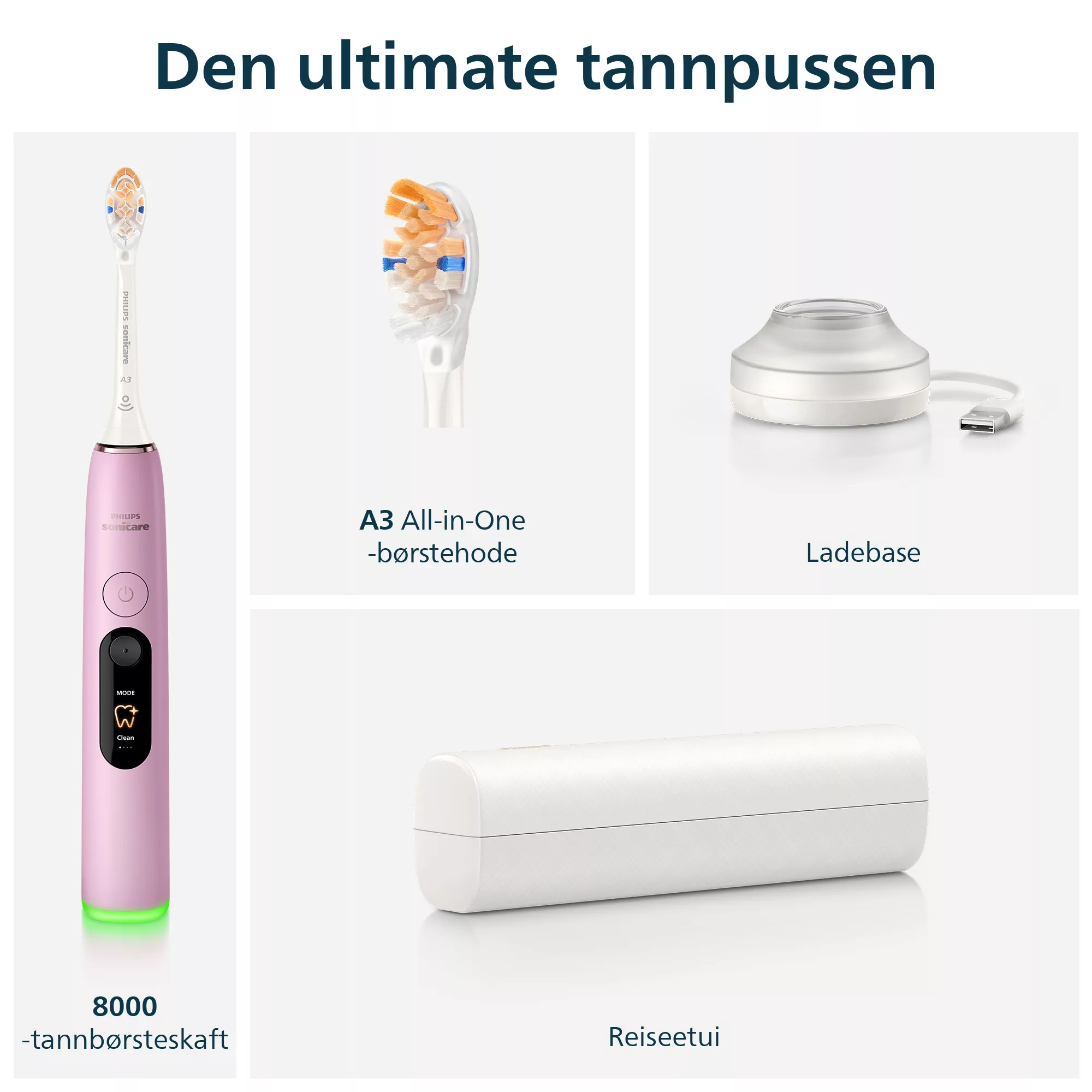 Rózsaszín Philips Sonicare fogkefe fejjel, töltőalappal és utazótokkal fehér háttér előtt.