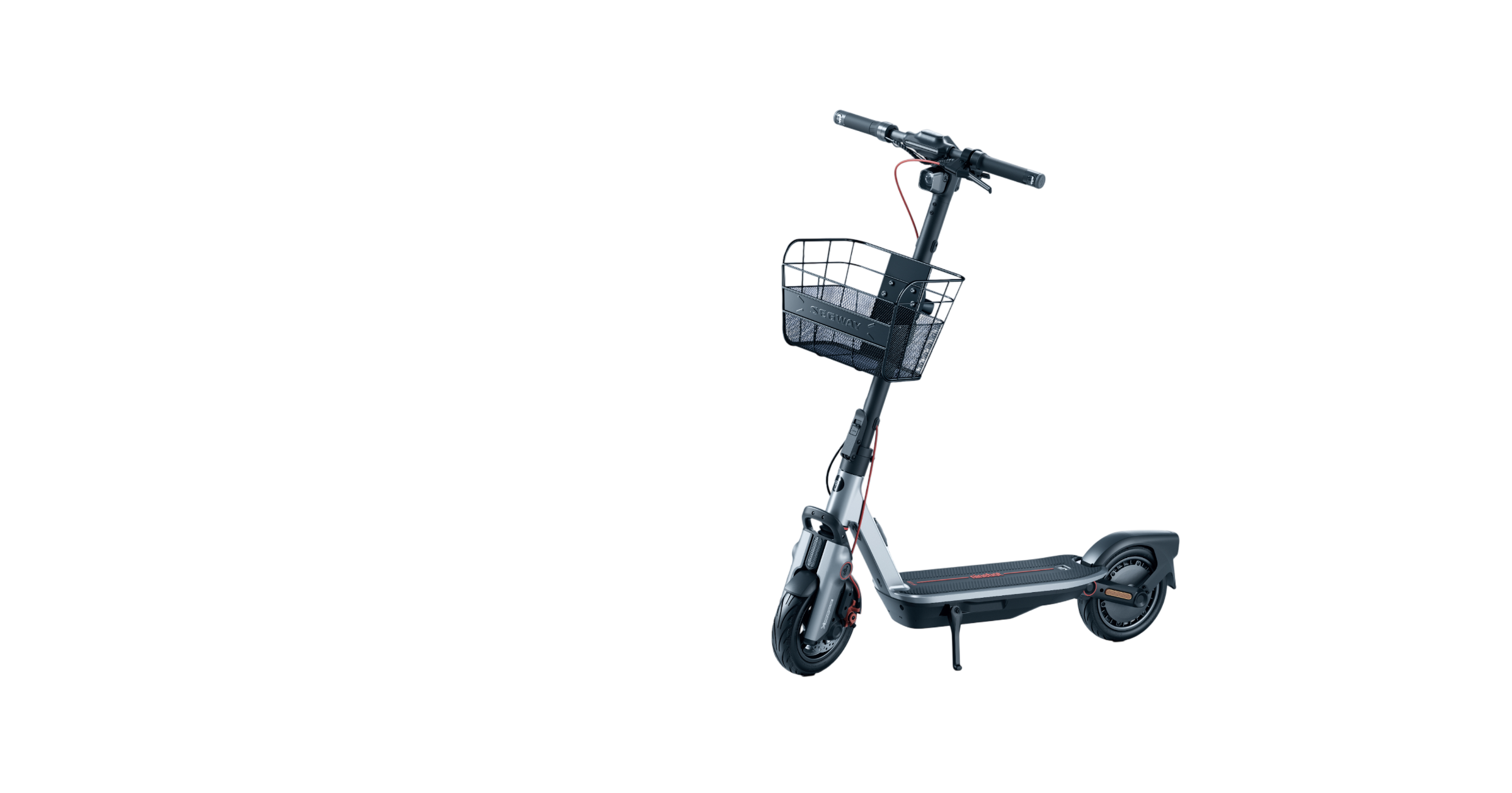 Siyah arka planda ön sepetli gri bir elektrikli scooter.
