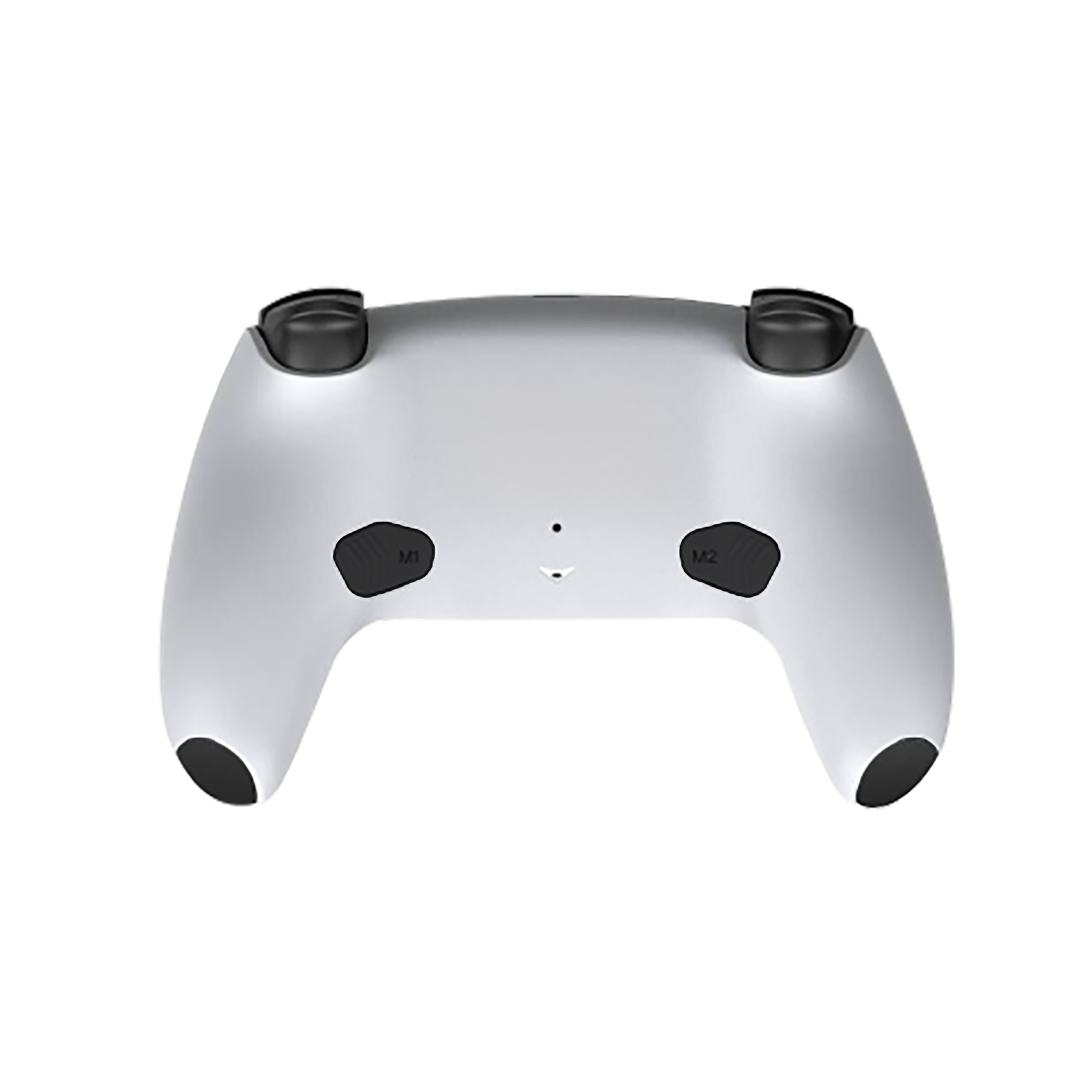 Beyaz bir zeminde, iki ekstra M1 ve M2 tuşuna sahip beyaz ve siyah oyun kumandasının arka görünümü.