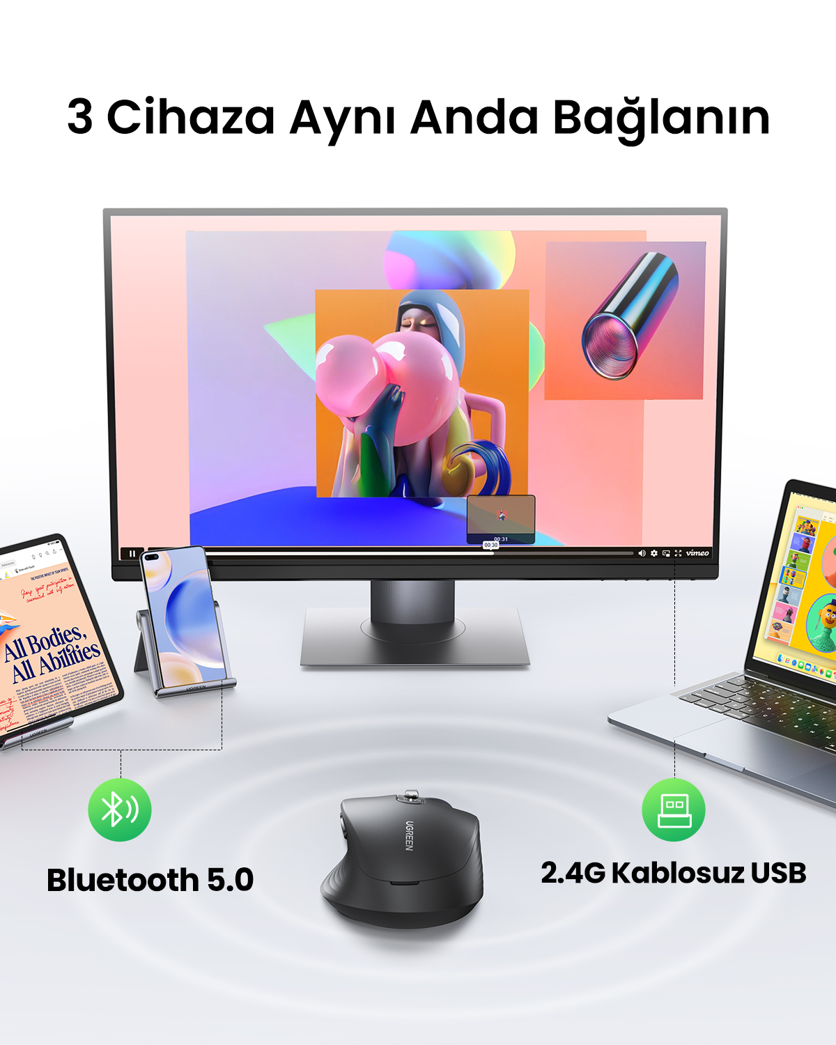 Bluetooth ve USB ile bilgisayar, tablet ve telefona bağlanan siyah kablosuz fare.
