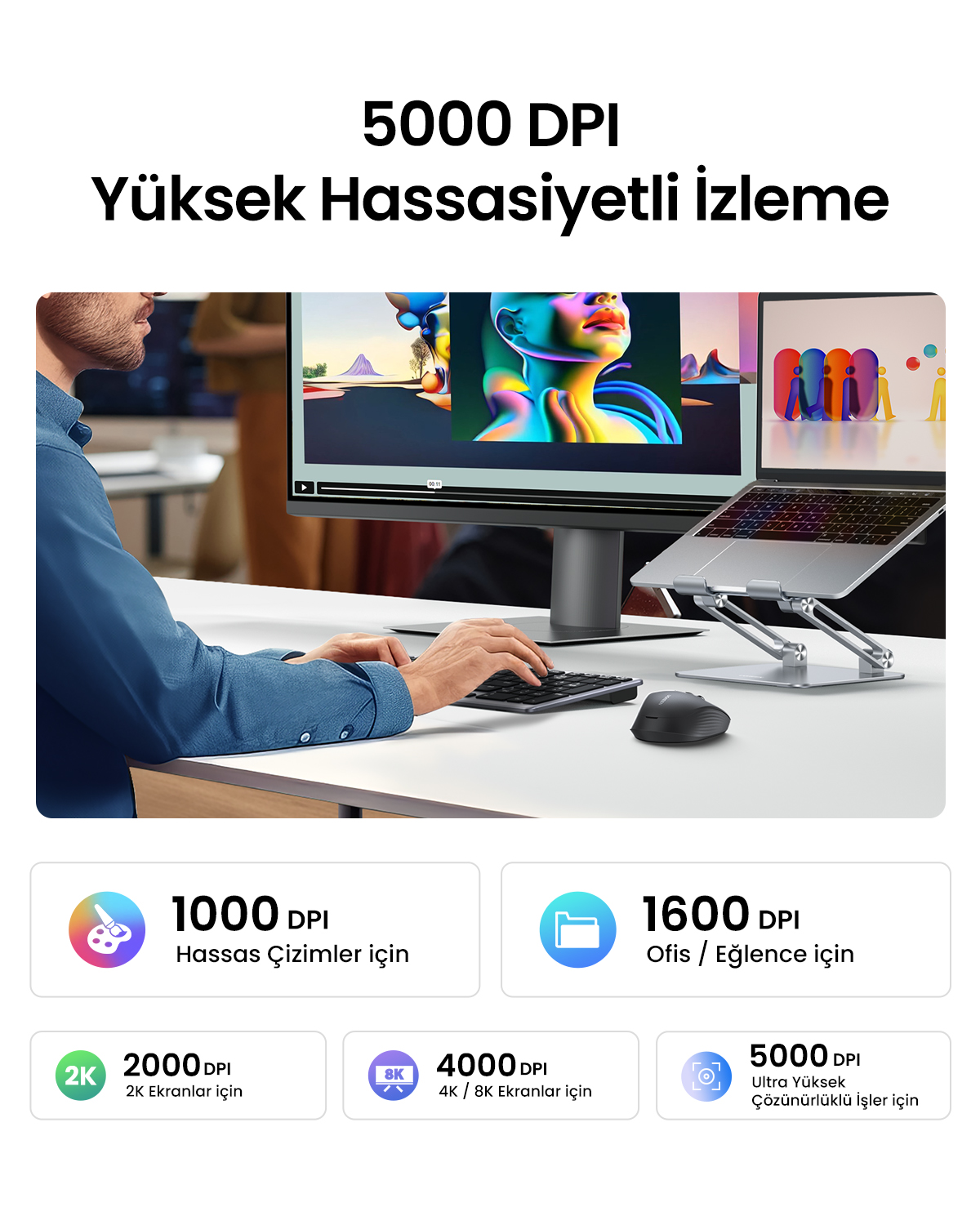 Bir adam dizüstü bilgisayar ve fare kullanıyor, altta DPI seviyeleri var.