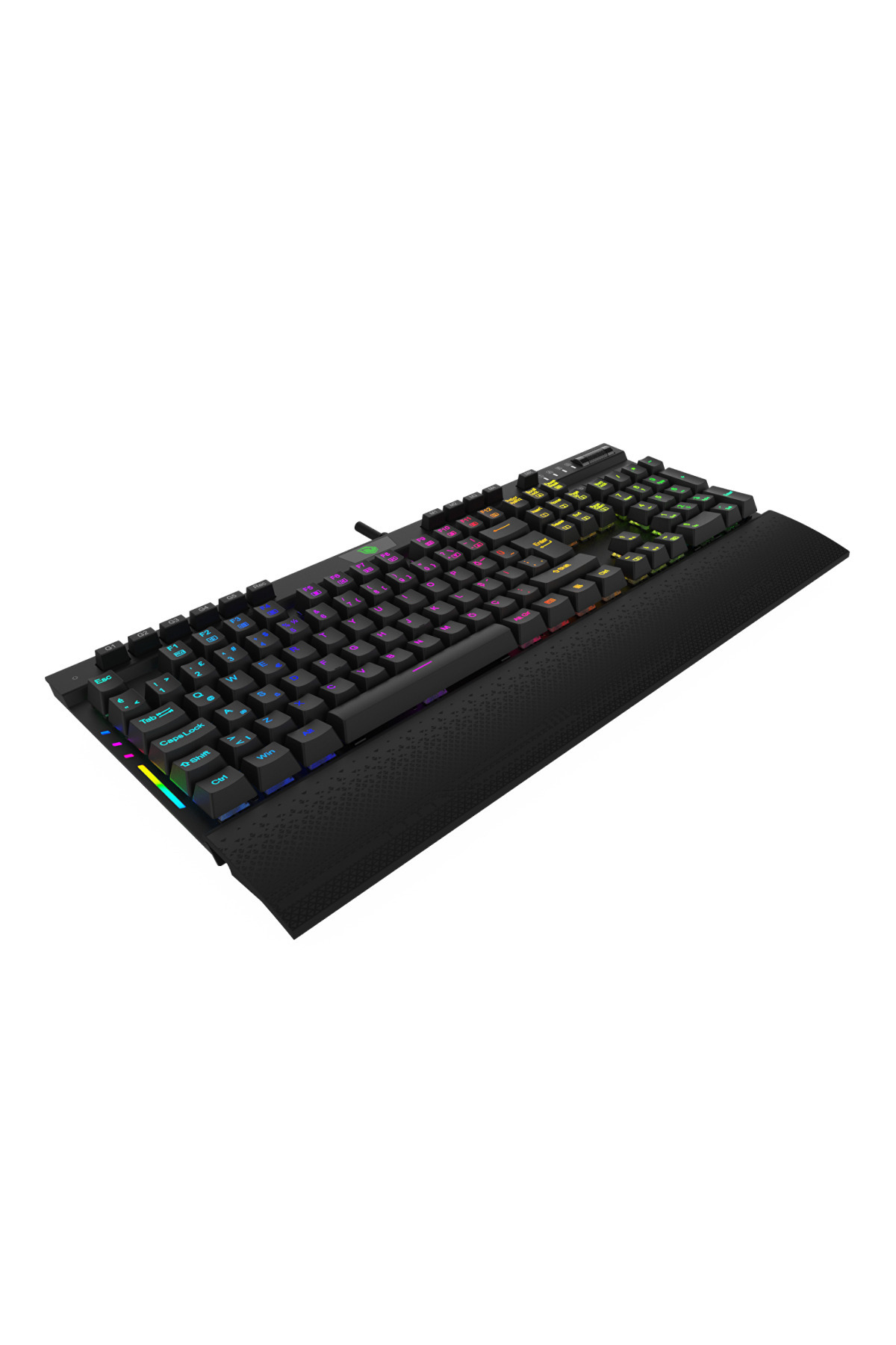 Özelleştirilebilir RGB arka aydınlatmalı ve bilek destekli siyah oyuncu klavyesi, düz beyaz arka plan üzerinde.