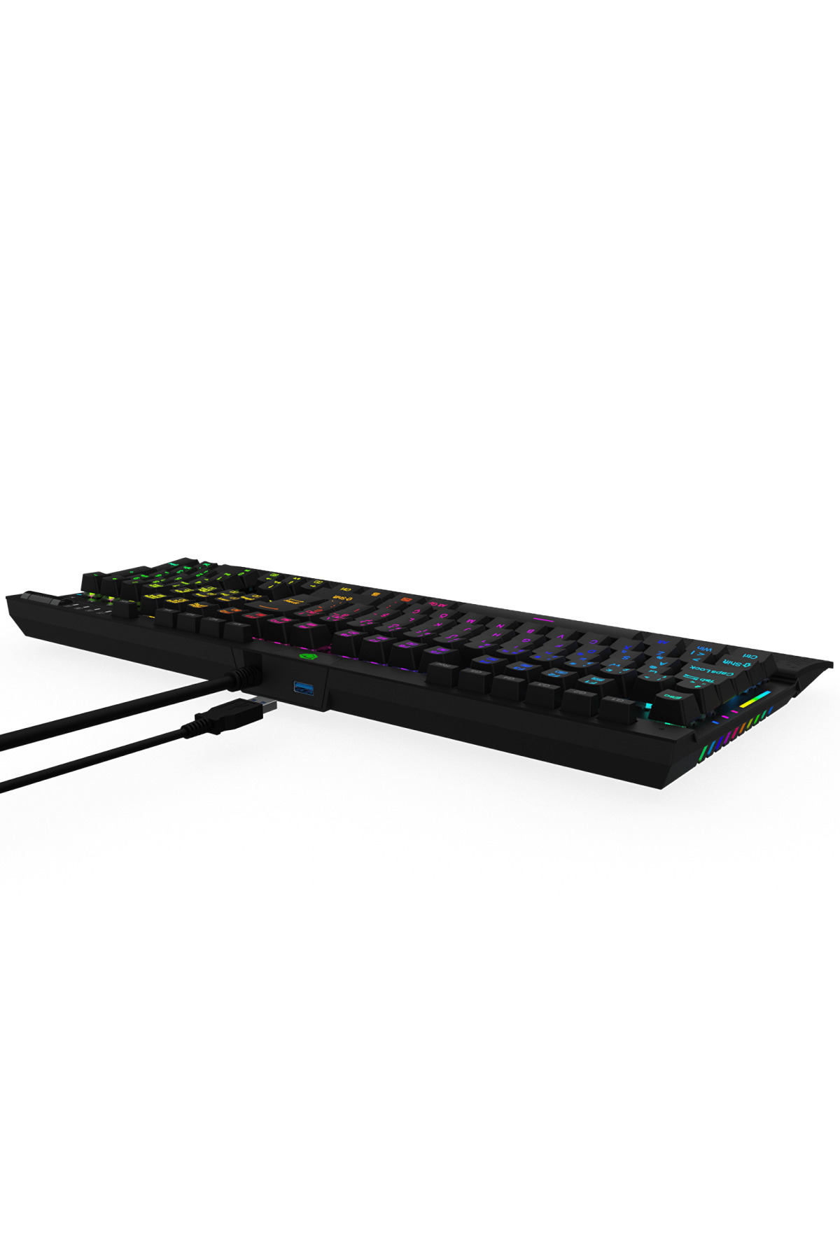 Renkli RGB arka aydınlatmalı siyah oyuncu klavyesi beyaz arka planda açılı duruyor, bağlı USB kabloları görünüyor.