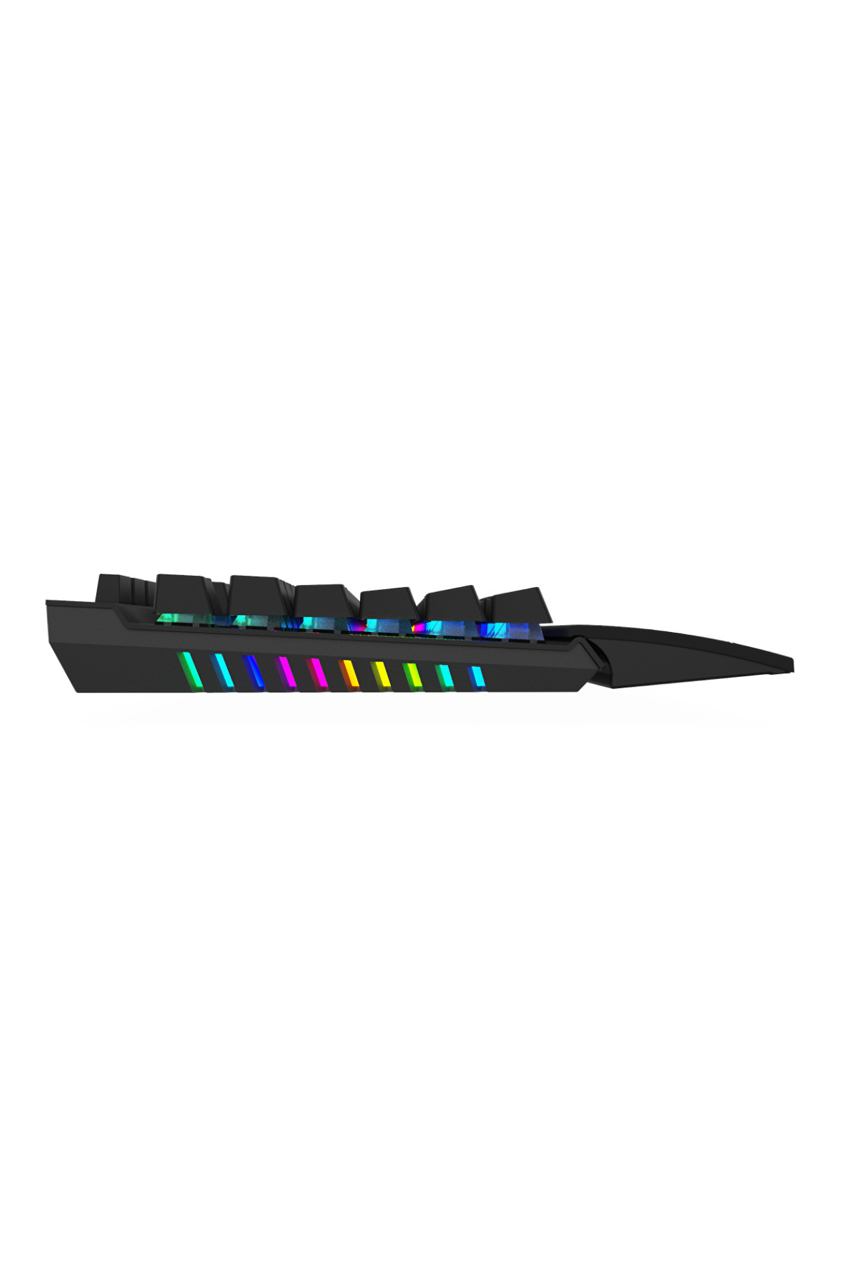Canlı RGB arka aydınlatmaya sahip siyah oyun klavyesinin yandan görünümü.
