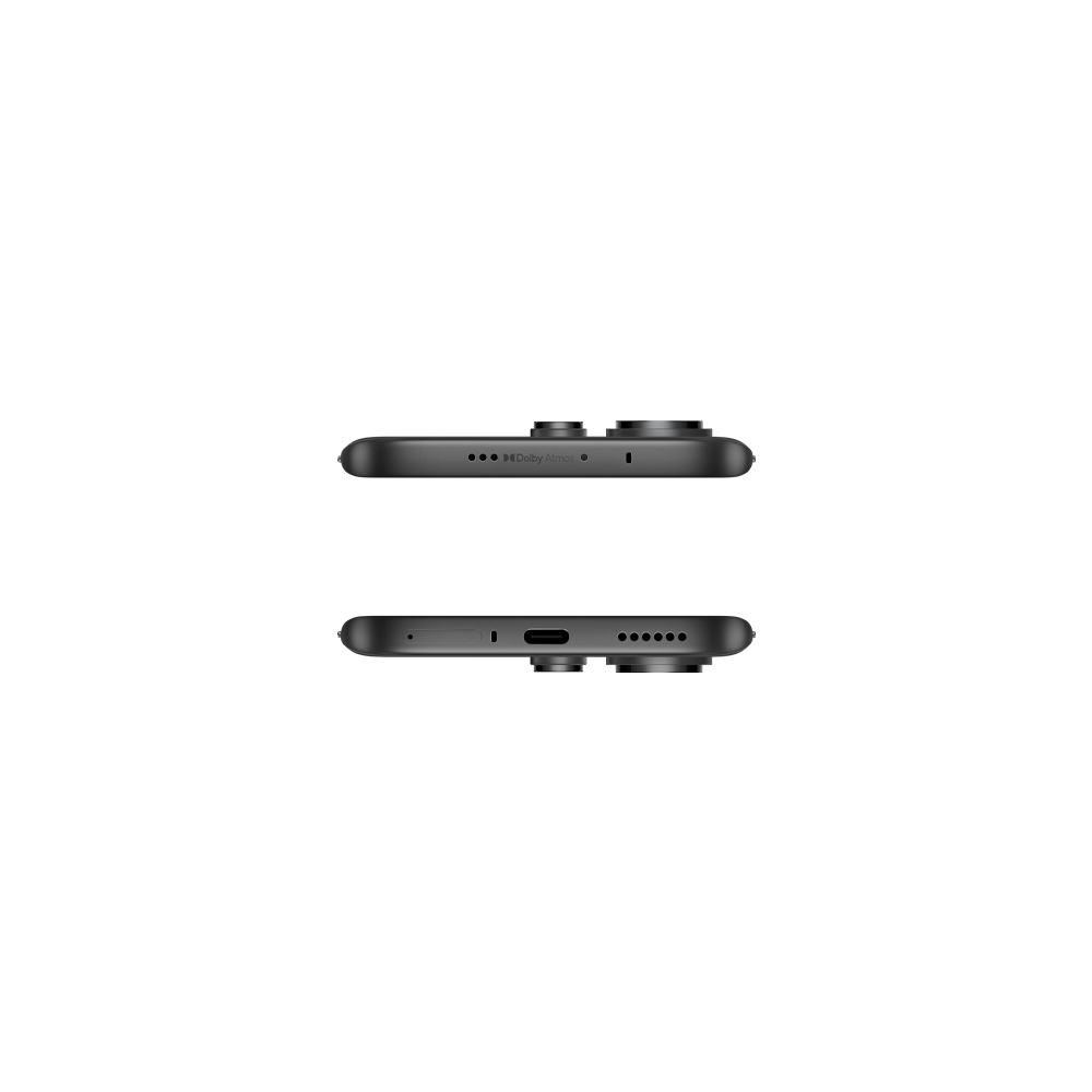 Hoparlörleri, mikrofonu, USB-C bağlantı noktasını ve Dolby Atmos yazısını gösteren siyah akıllı telefon.