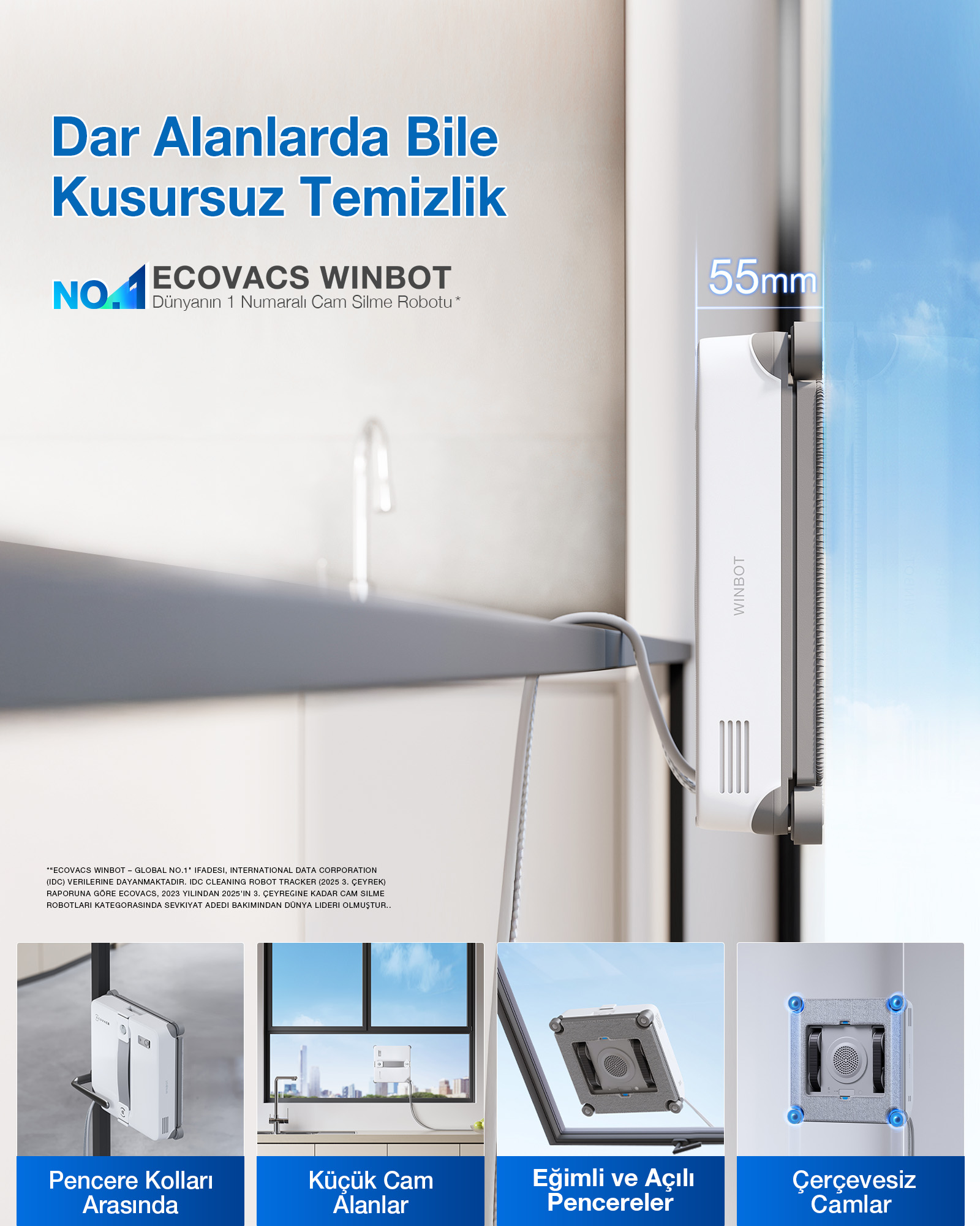 Türkçe tanıtım metni ve dört küçük gösterim fotoğrafıyla cam pencerede temizlik yapan Ecovacs Winbot robotu.