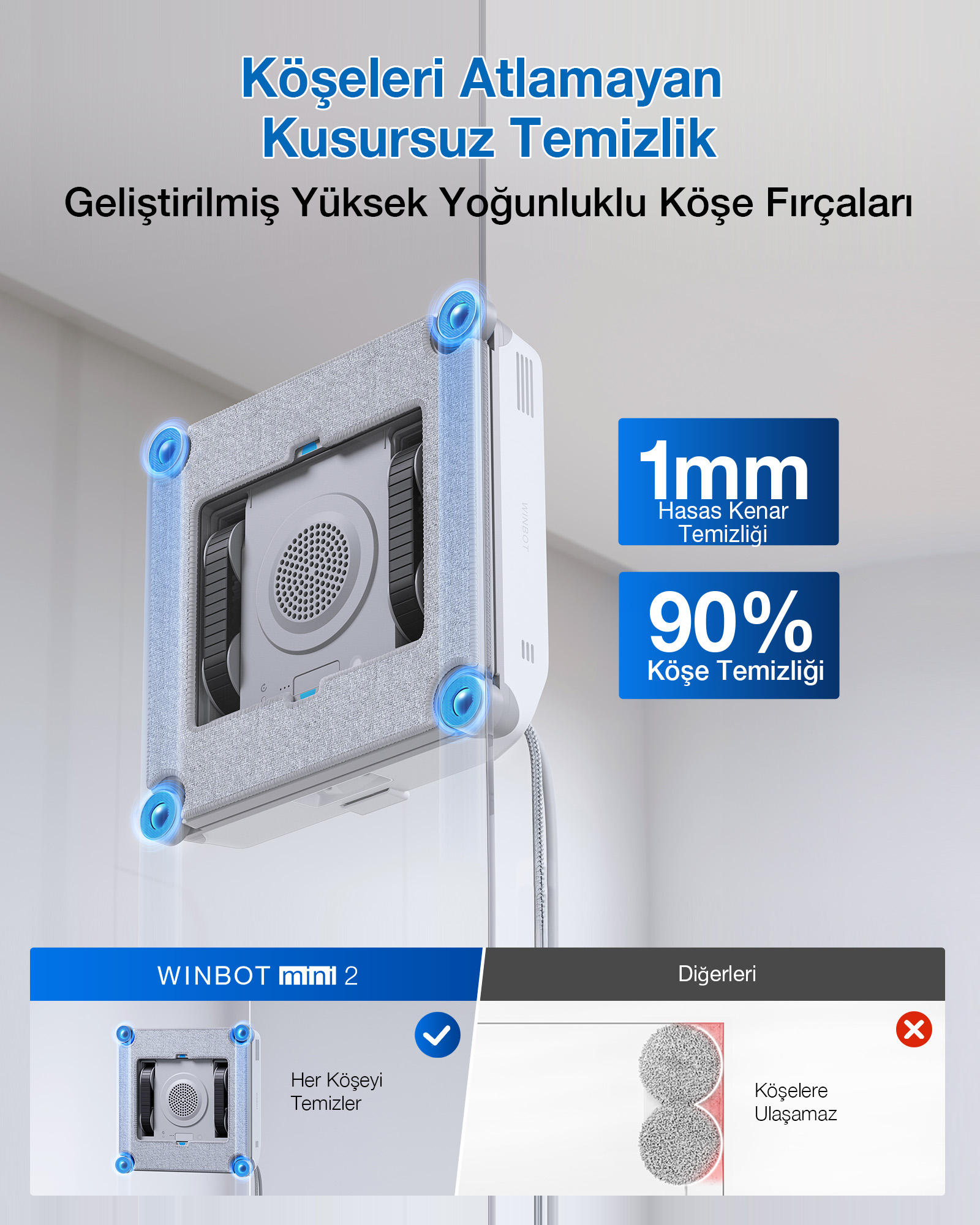Köşe temizliğini gösteren WINBOT mini 2 promosyon görseli.