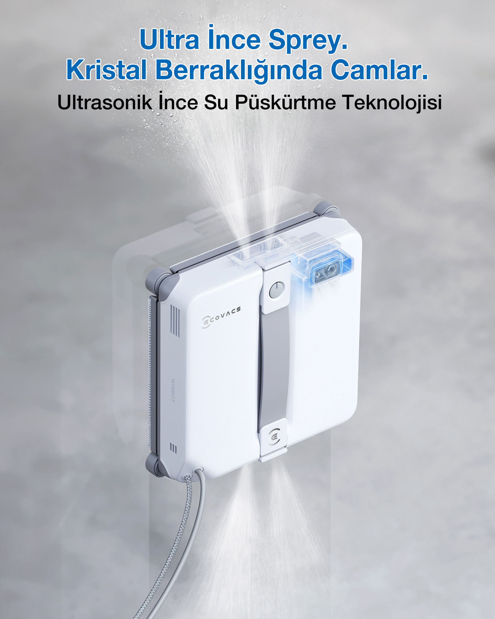 Beyaz bir Ecovacs cam silme robotu, cam yüzeye ince bir su sisi püskürtüyor.