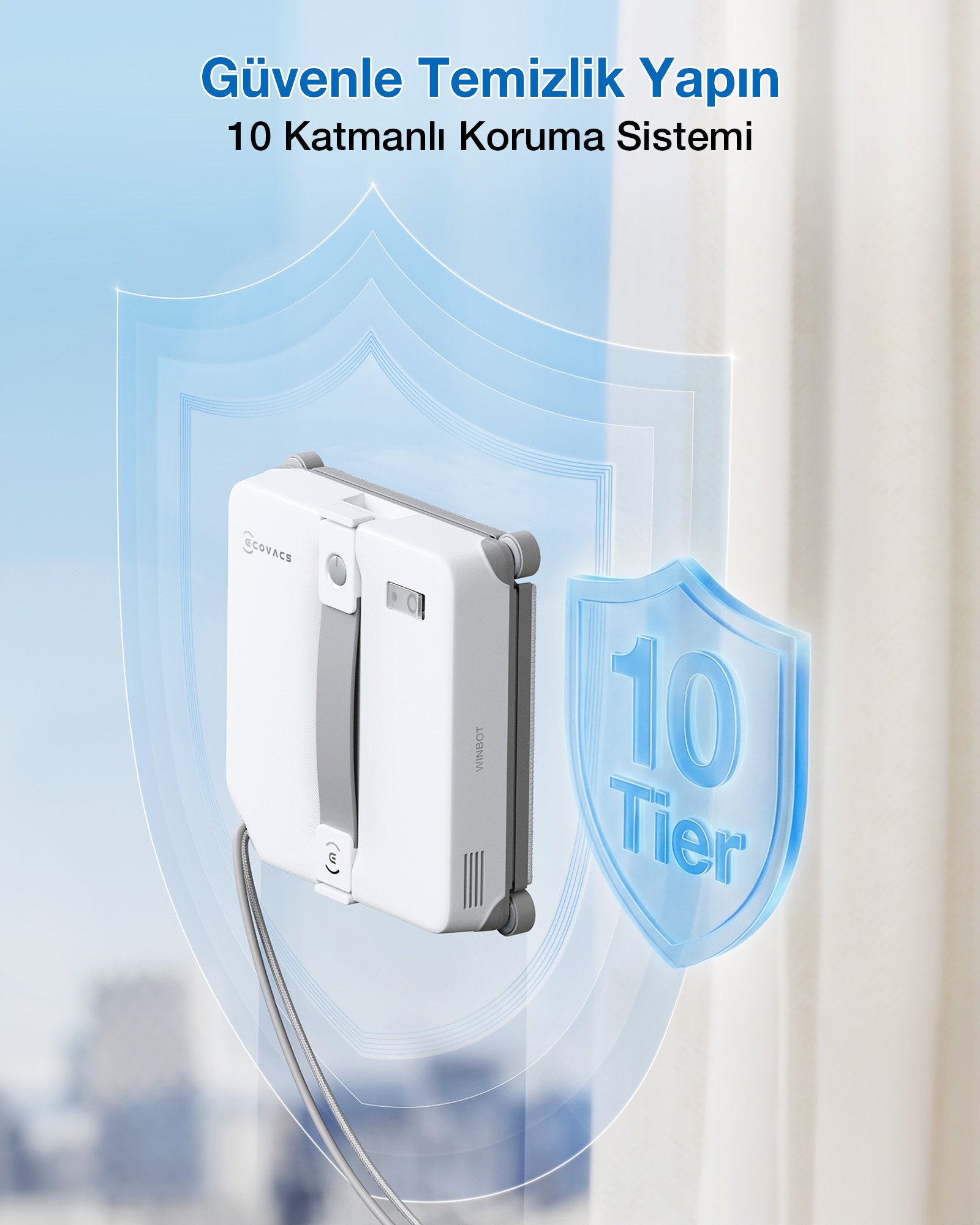 10 katmanlı koruma sistemi yazısı ve koruma kalkanı grafiği olan beyaz bir pencere temizleme robotu.