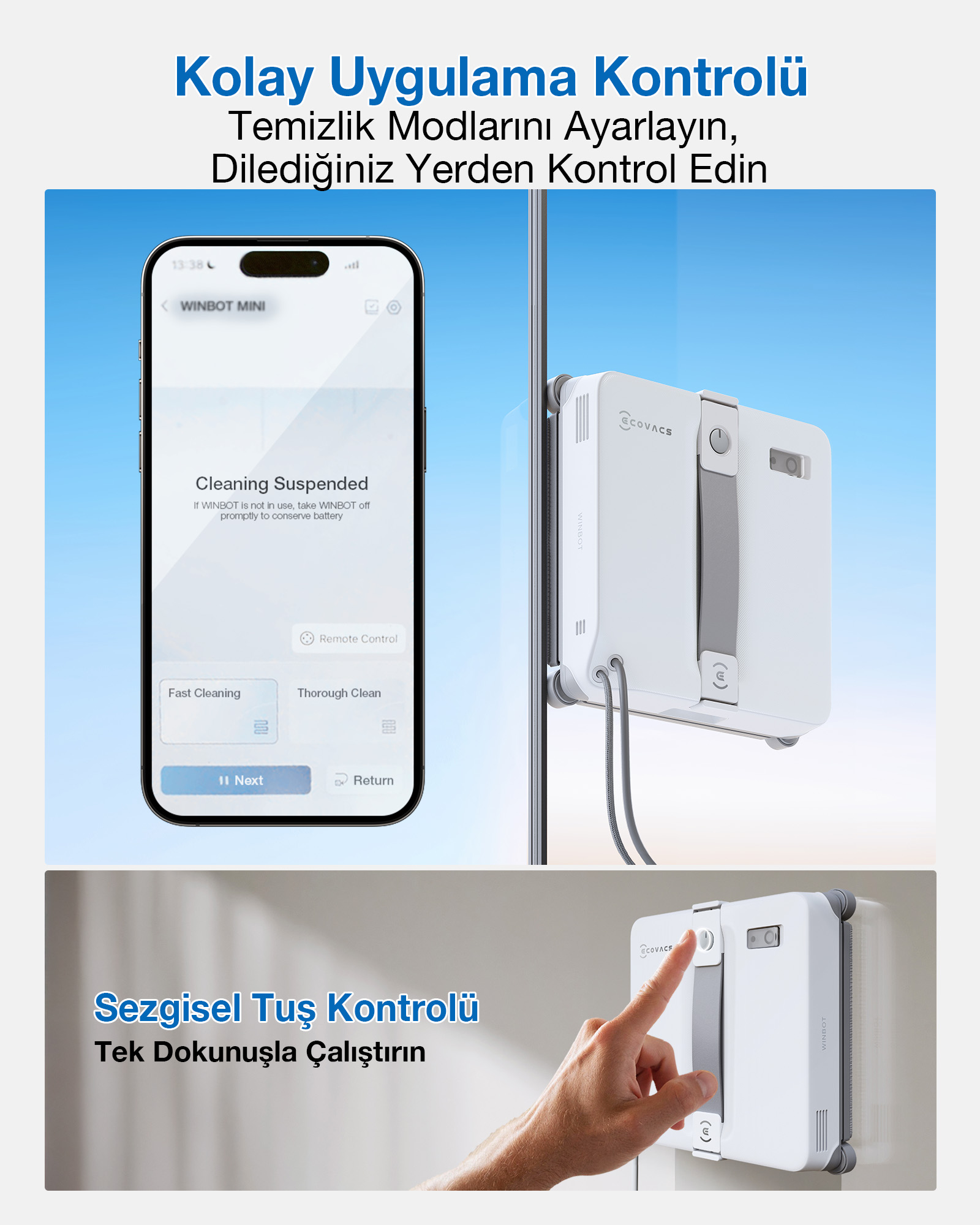 Akıllı telefon uygulama kontrolünü gösteriyor ve beyaz cam temizleme robotu cam siliyor.