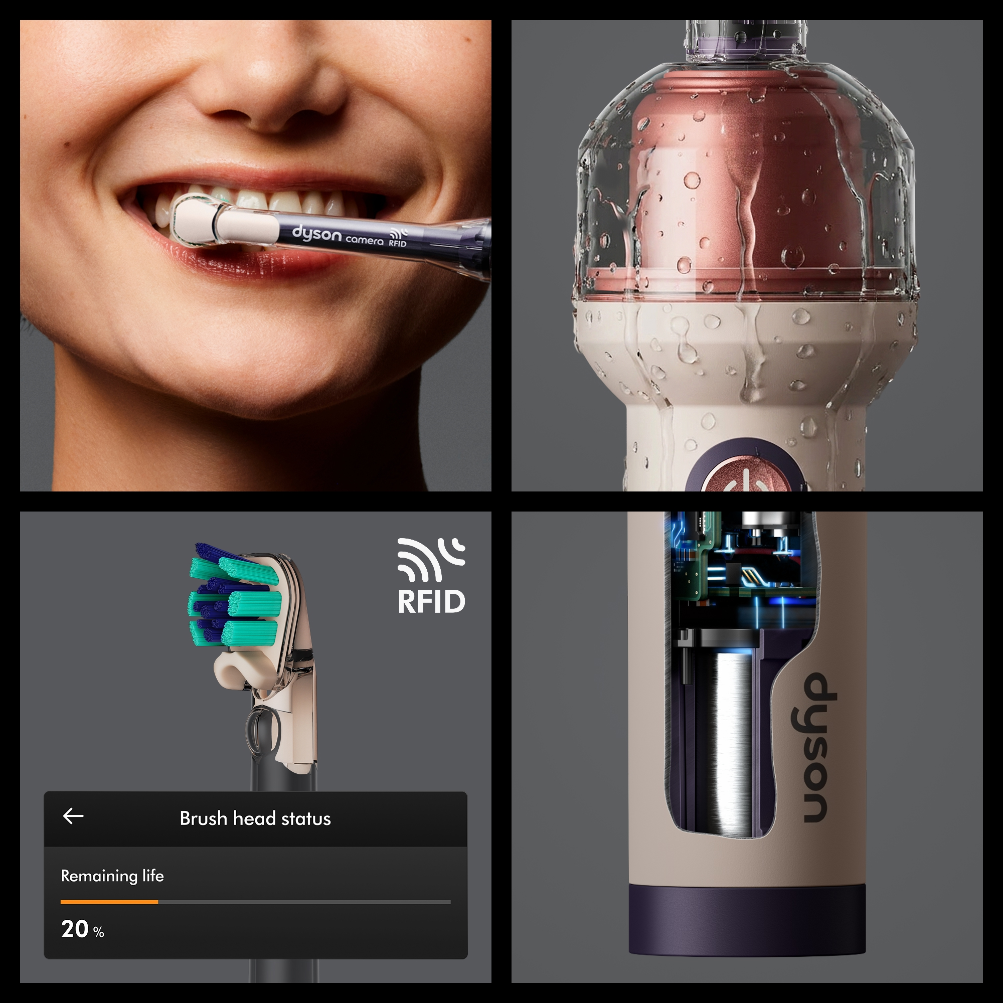 Quatre panneaux montrent une brosse à dents Dyson en usage, un boîtier étanche, l'état de la tête et des composants.