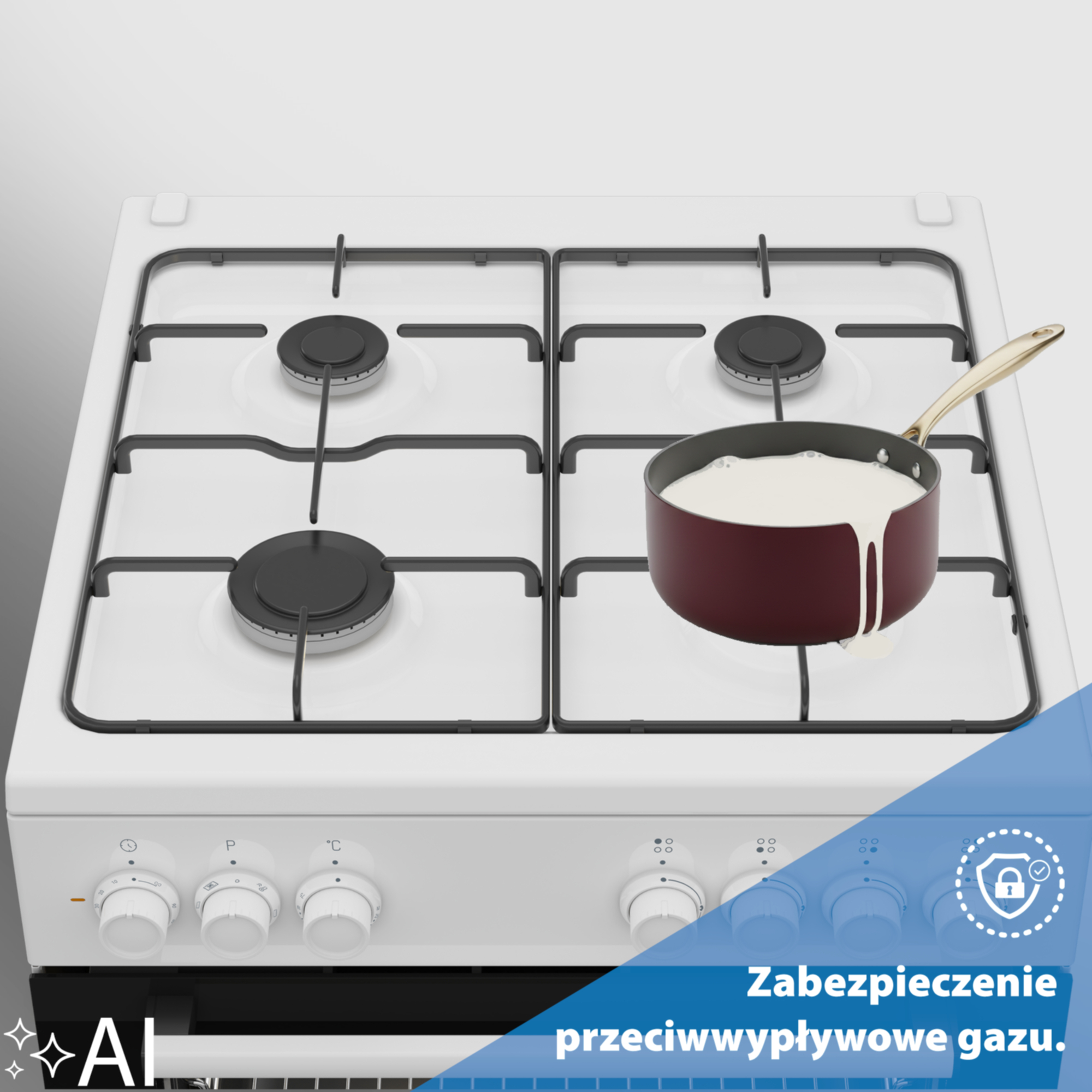 Biała kuchenka gazowa z czarnymi rusztami i czerwonym garnkiem, w którym kipie mleko.