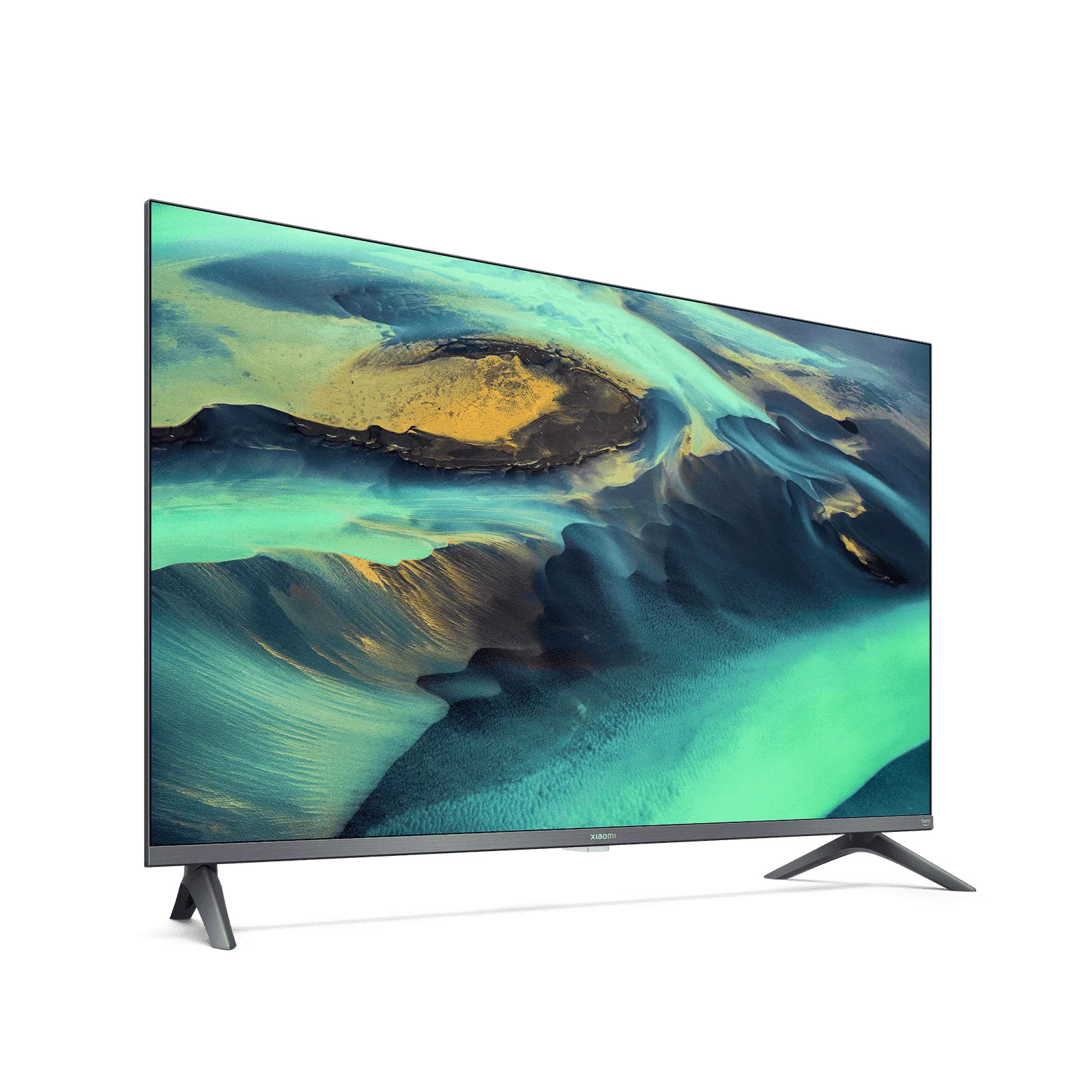 Un televisor Xiaomi sobre fondo negro muestra una imagen abstracta con tonos azules y amarillos.